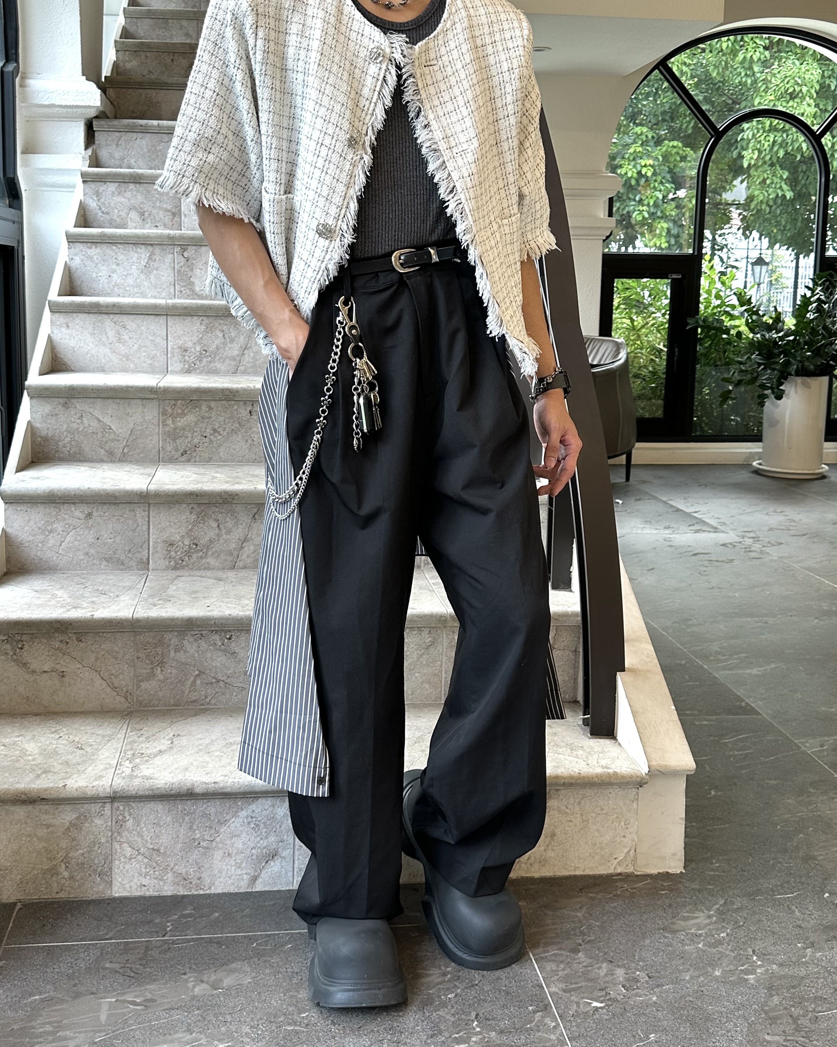 𝐇·𝐓·𝐒 韓國 裙簾設計 襯衫裙擺 細條紋 微闊腿 落地 寬鬆 西裝 長褲