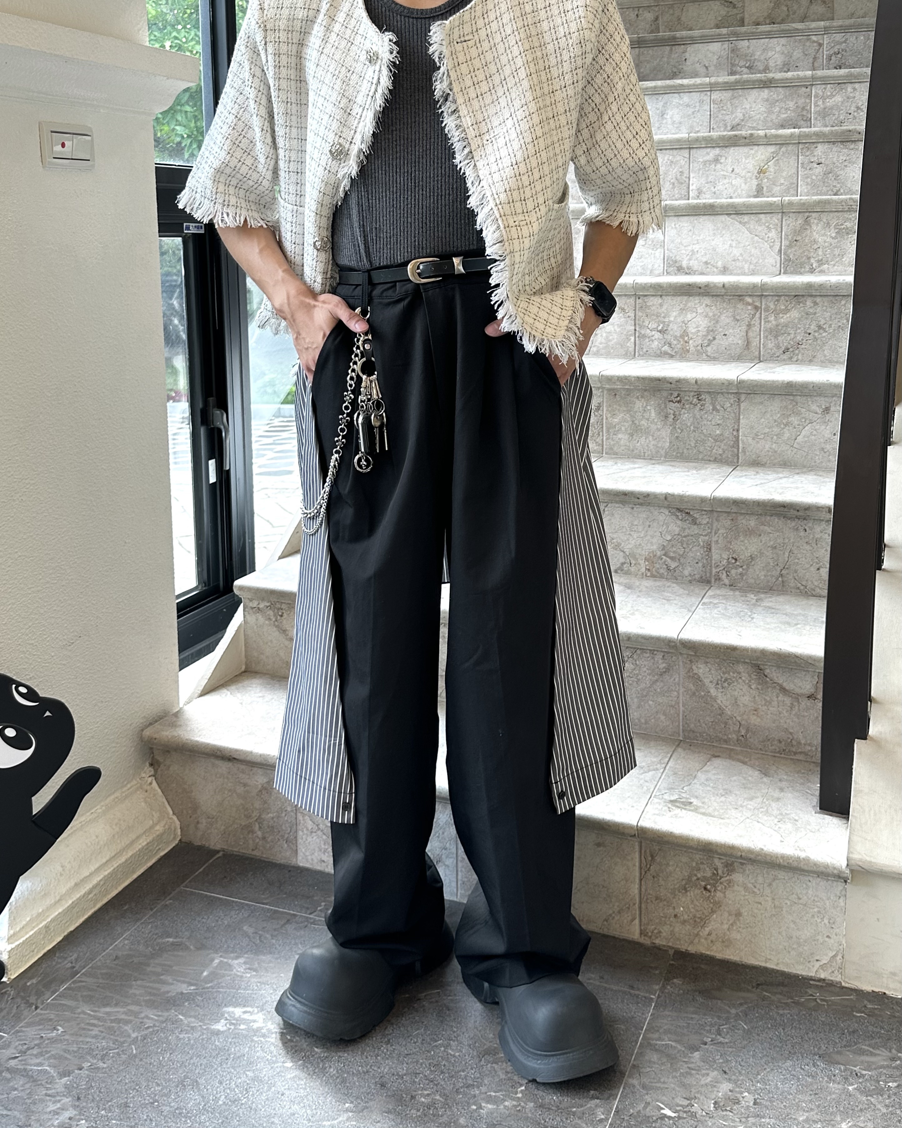 𝐇·𝐓·𝐒 韓國 裙簾設計 襯衫裙擺 細條紋 微闊腿 落地 寬鬆 西裝 長褲