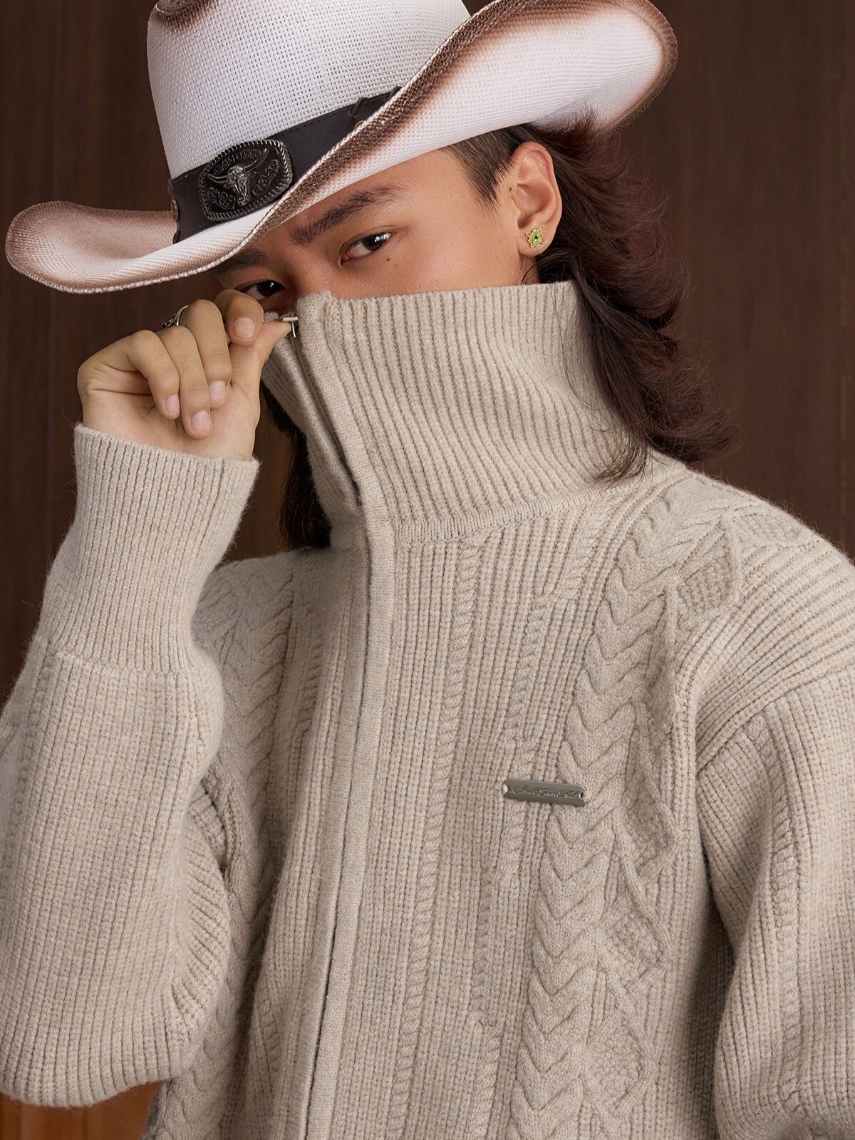 STK SmallTownKid  十字Logo拉鍊 雙絞花麥穗 針織立領外套