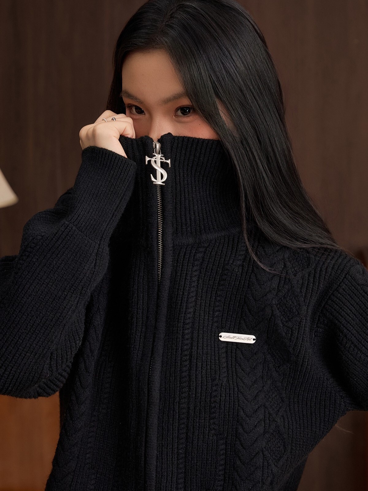 STK SmallTownKid  十字Logo拉鍊 雙絞花麥穗 針織立領外套