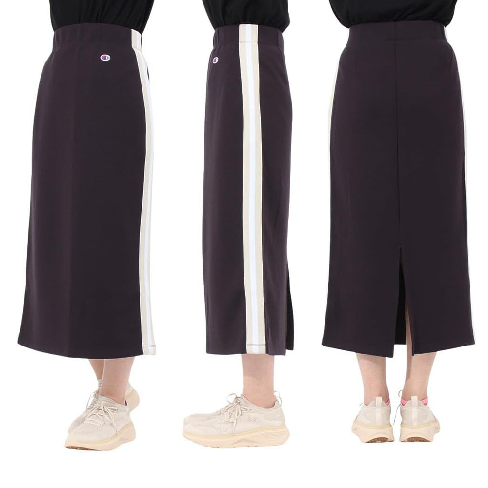 女款 -CASUAL 邊條運動棉長裙-黑色（CW-A203-055）