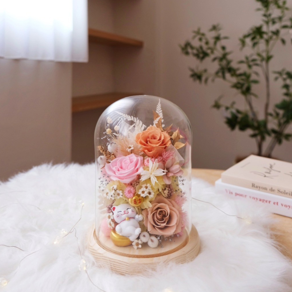 招財貓系列 / 長型玻璃罩永生花 橘粉奶茶色系