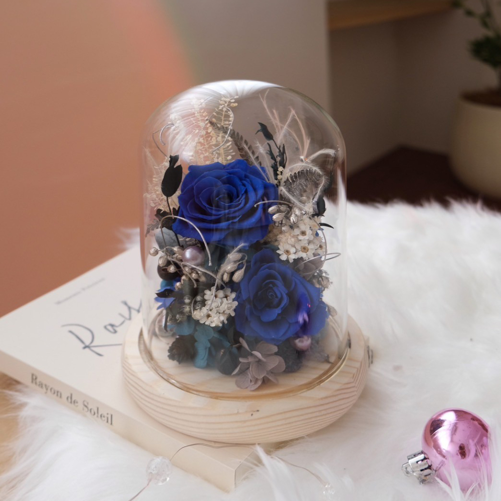 長型玻璃罩小夜燈 寶藍色系永生花