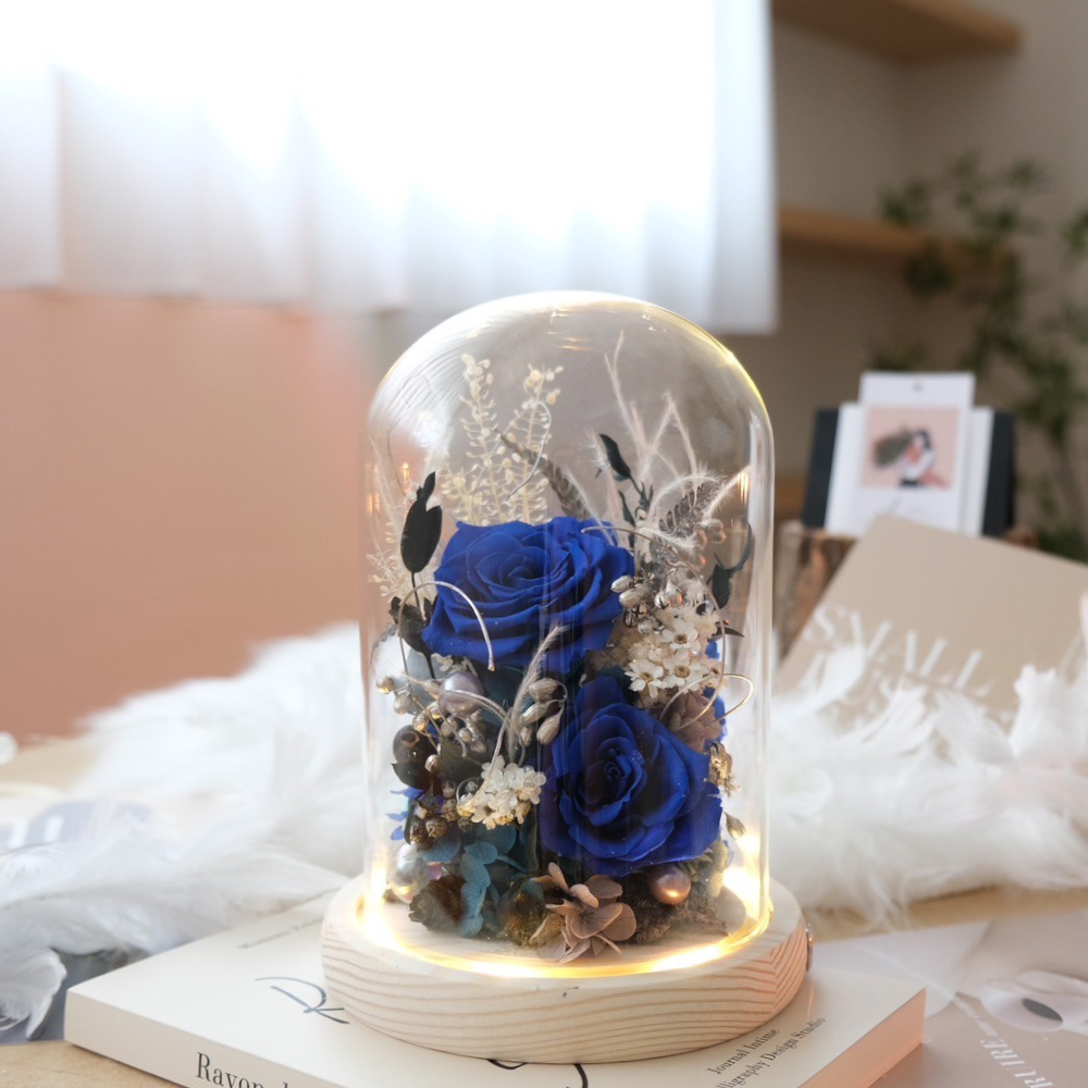 長型玻璃罩小夜燈 寶藍色系永生花