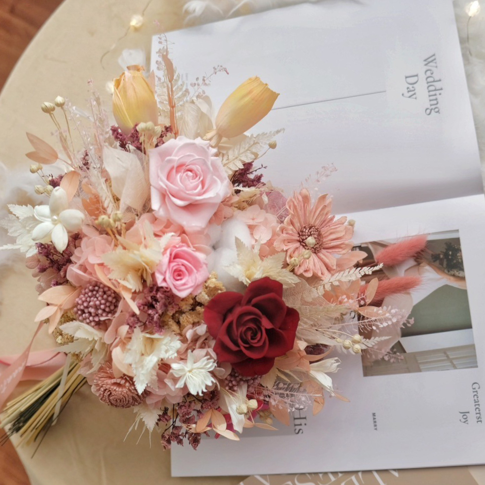 紅粉色永生花 新娘捧花