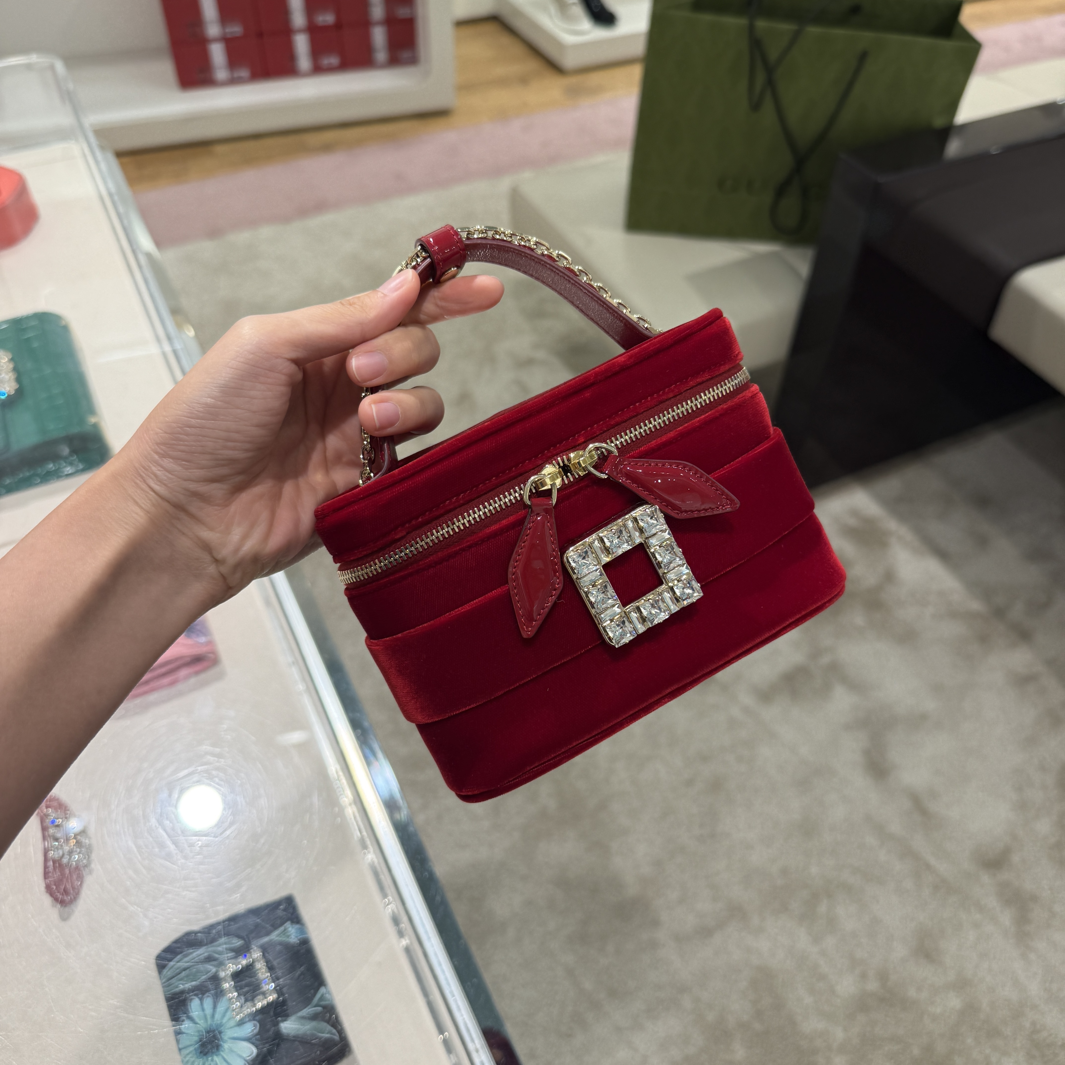 Roger Vivier RV velvet vanity case bag red