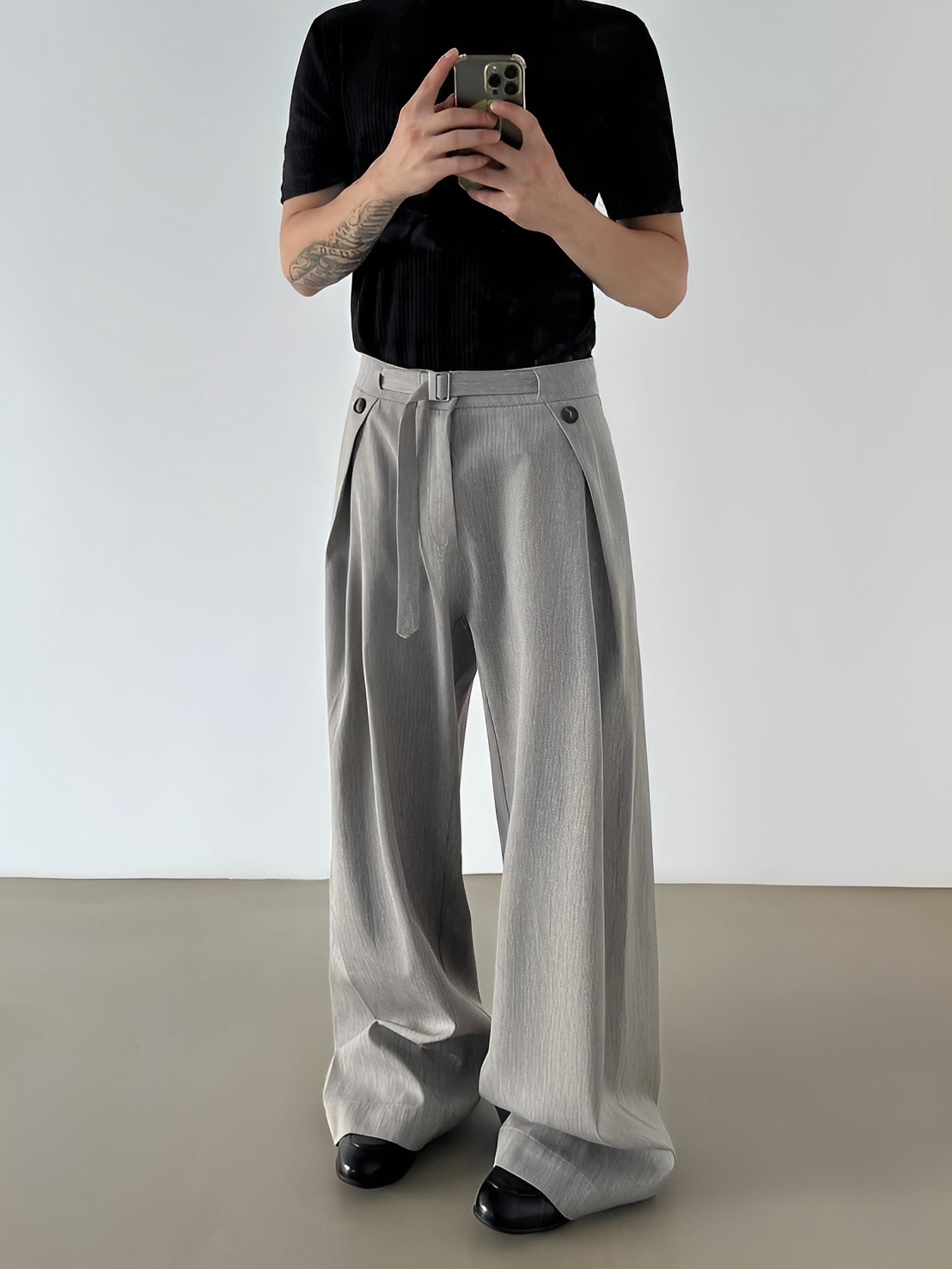 復古 腰帶 設計 雙褶 西裝 長褲