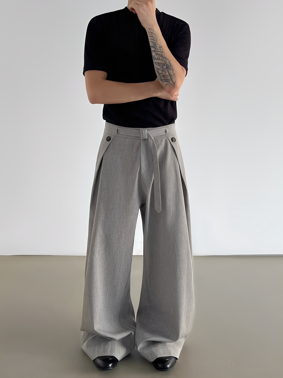 復古 腰帶 設計 雙褶 西裝 長褲