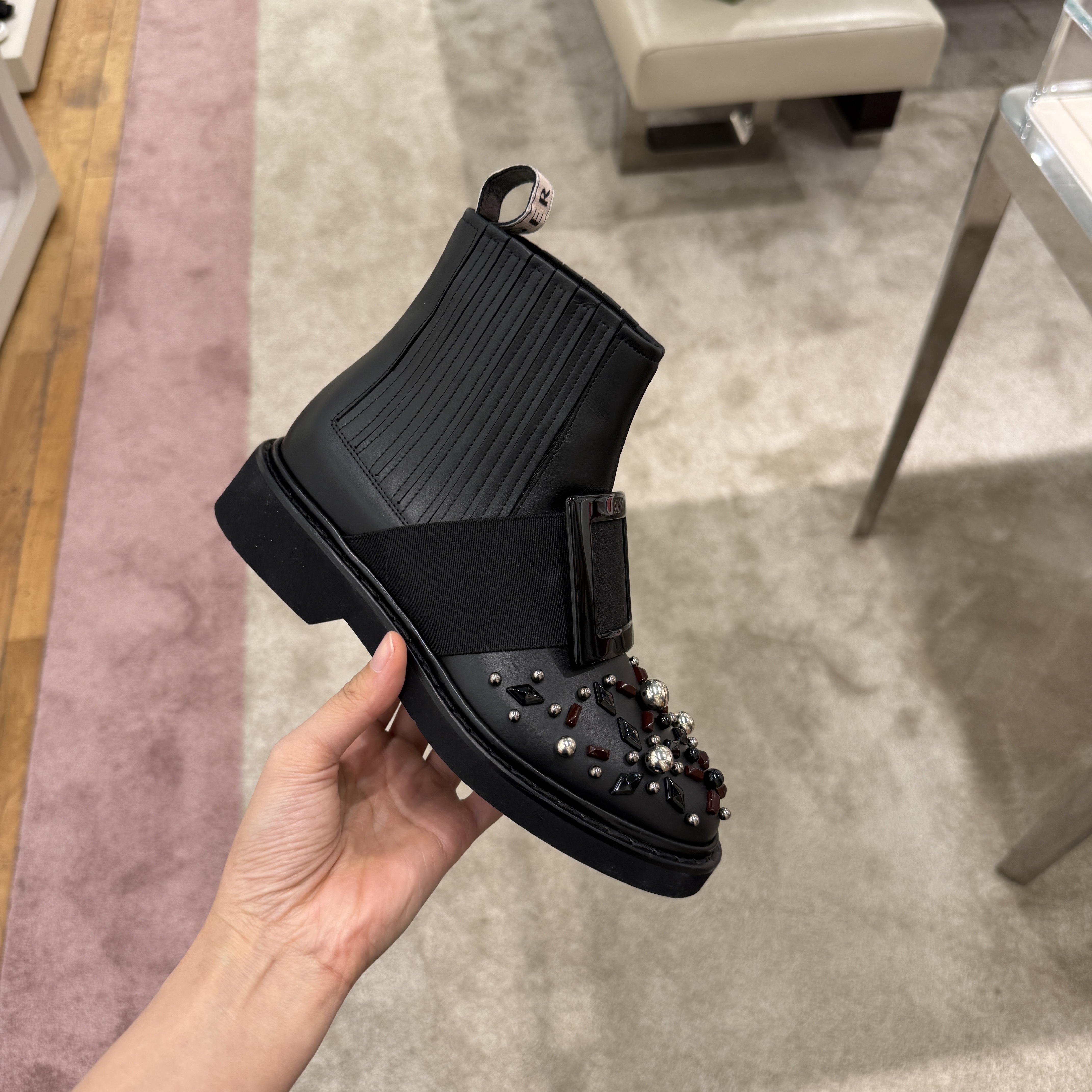 Roger Vivier RV Viv' Rangers Studs Lacquered Buckle Chelsea Ankle Boots Black