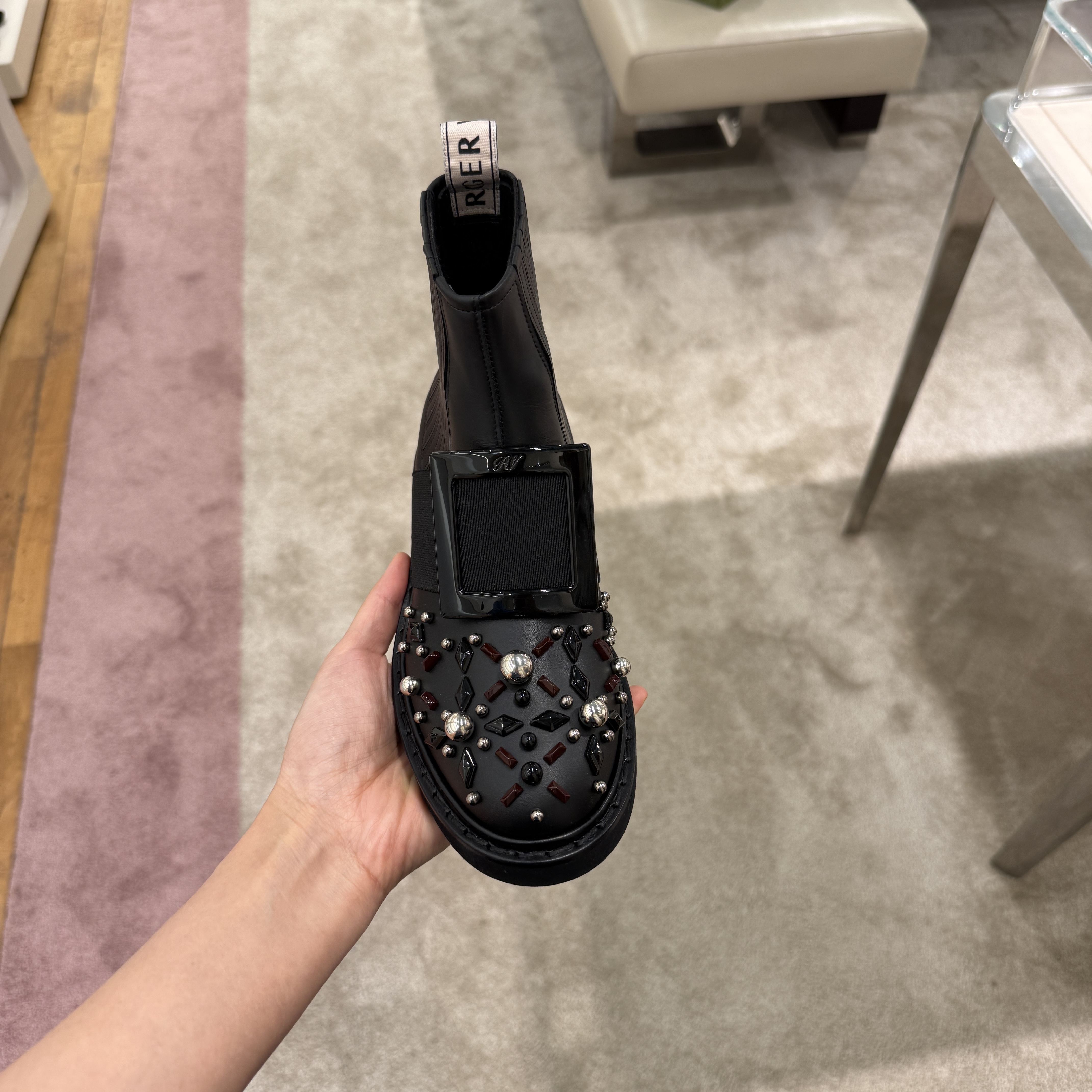 Roger Vivier RV Viv' Rangers Studs Lacquered Buckle Chelsea Ankle Boots Black