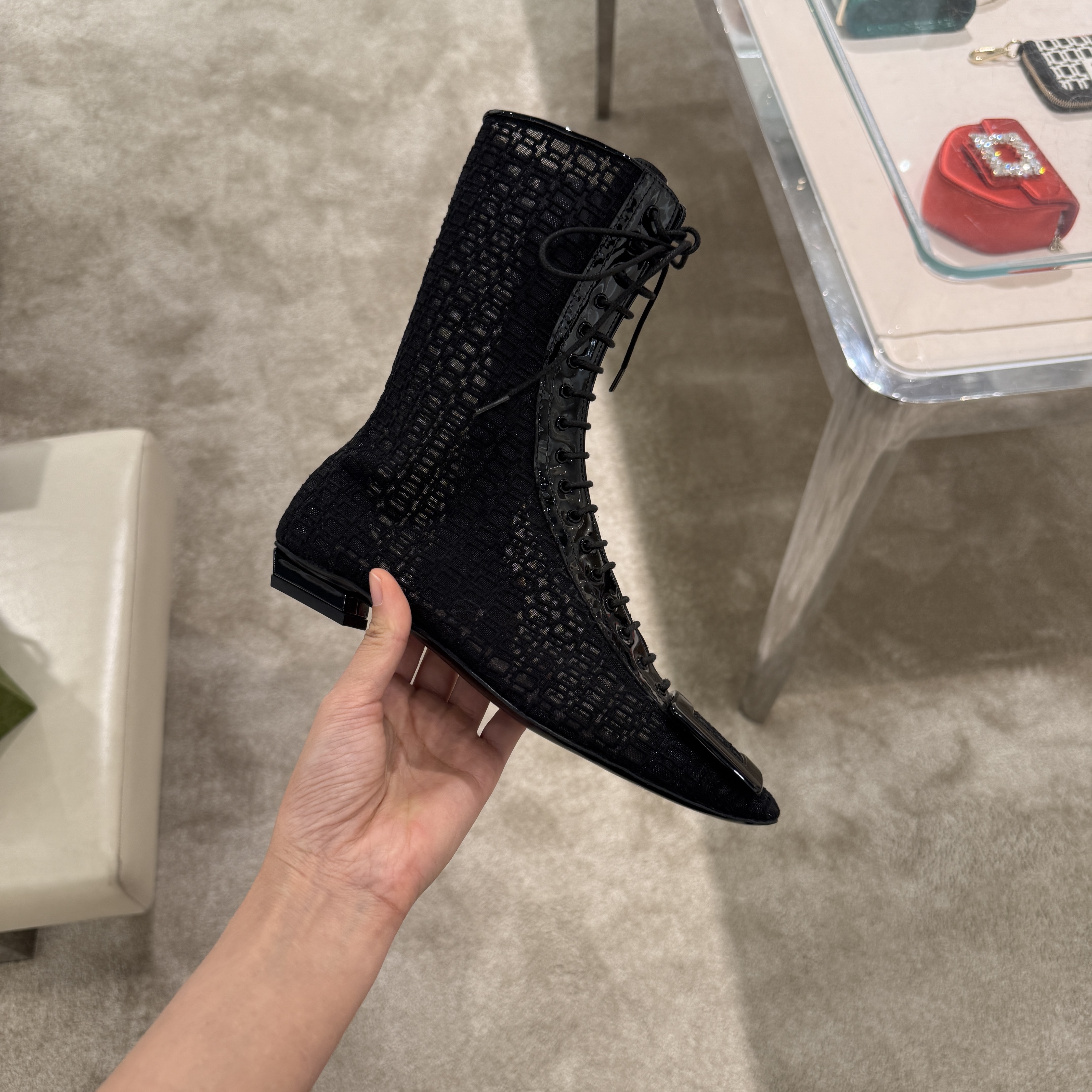 Roger Vivier RV openwork lace up boots black