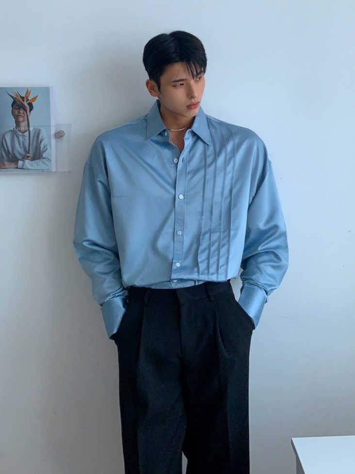 (韓國獨家特價)絲光袖口細褶襯衫