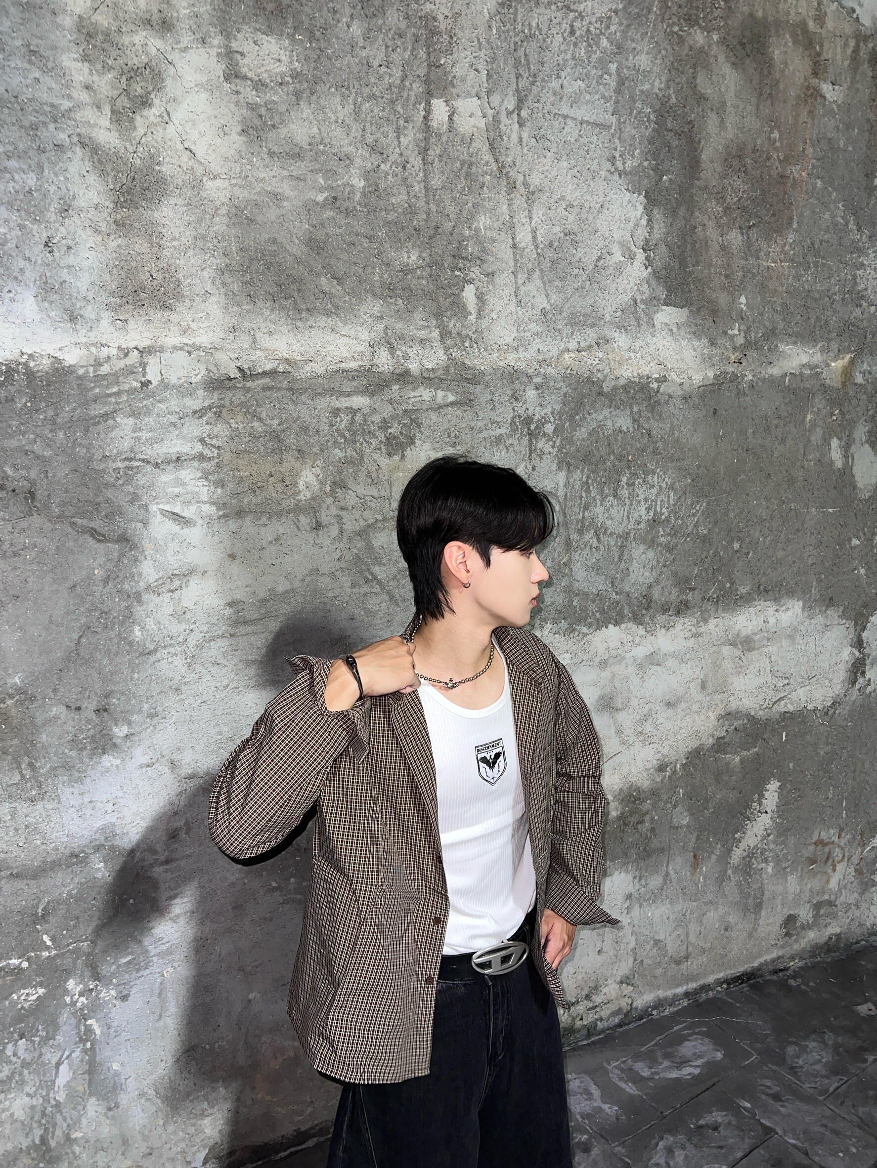 (GOAL) 韓國 長袖 BOXY 細格子 口袋 短寬 襯衫