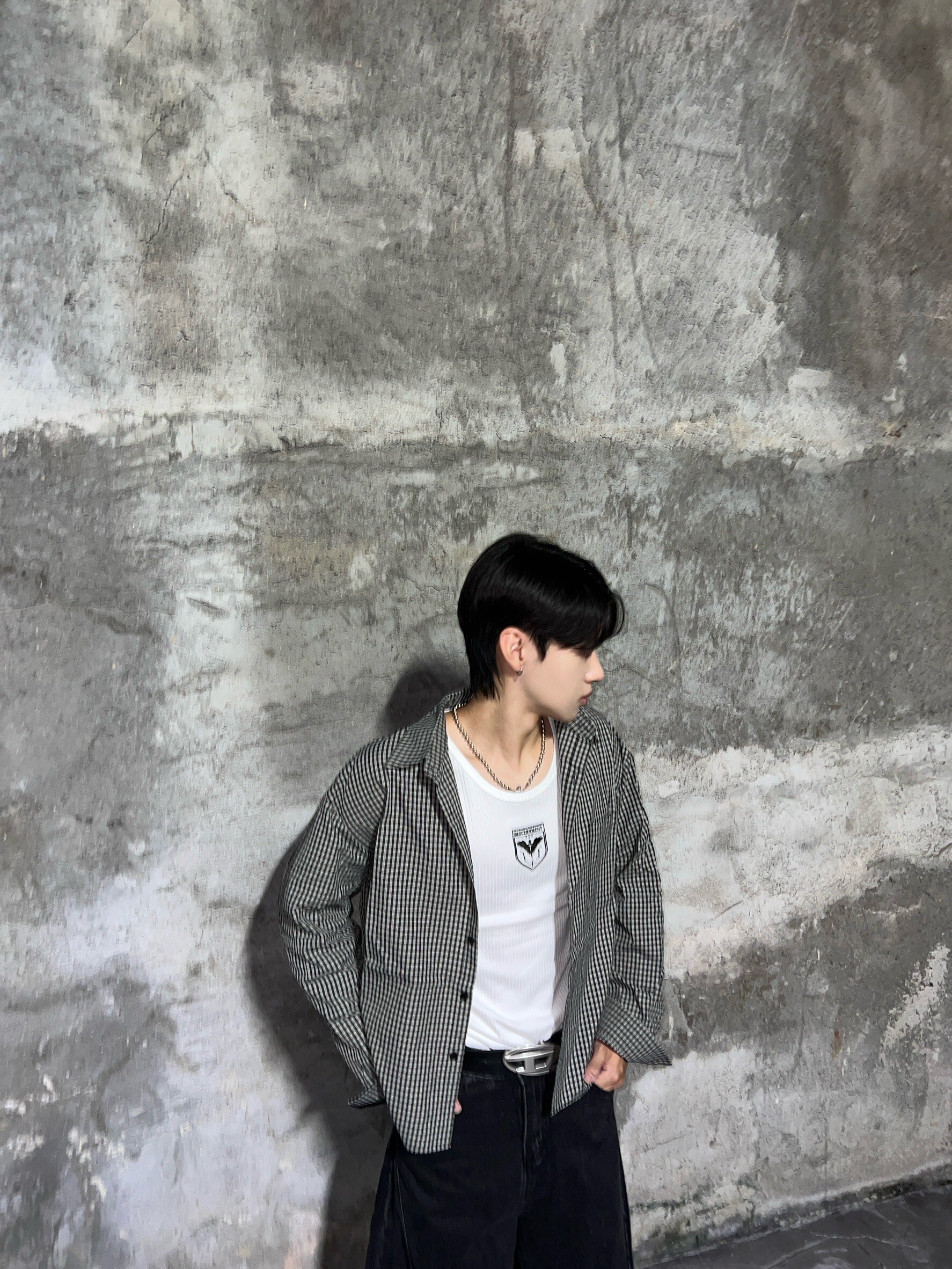 (GOAL) 韓國 長袖 BOXY 細格子 口袋 短寬 襯衫