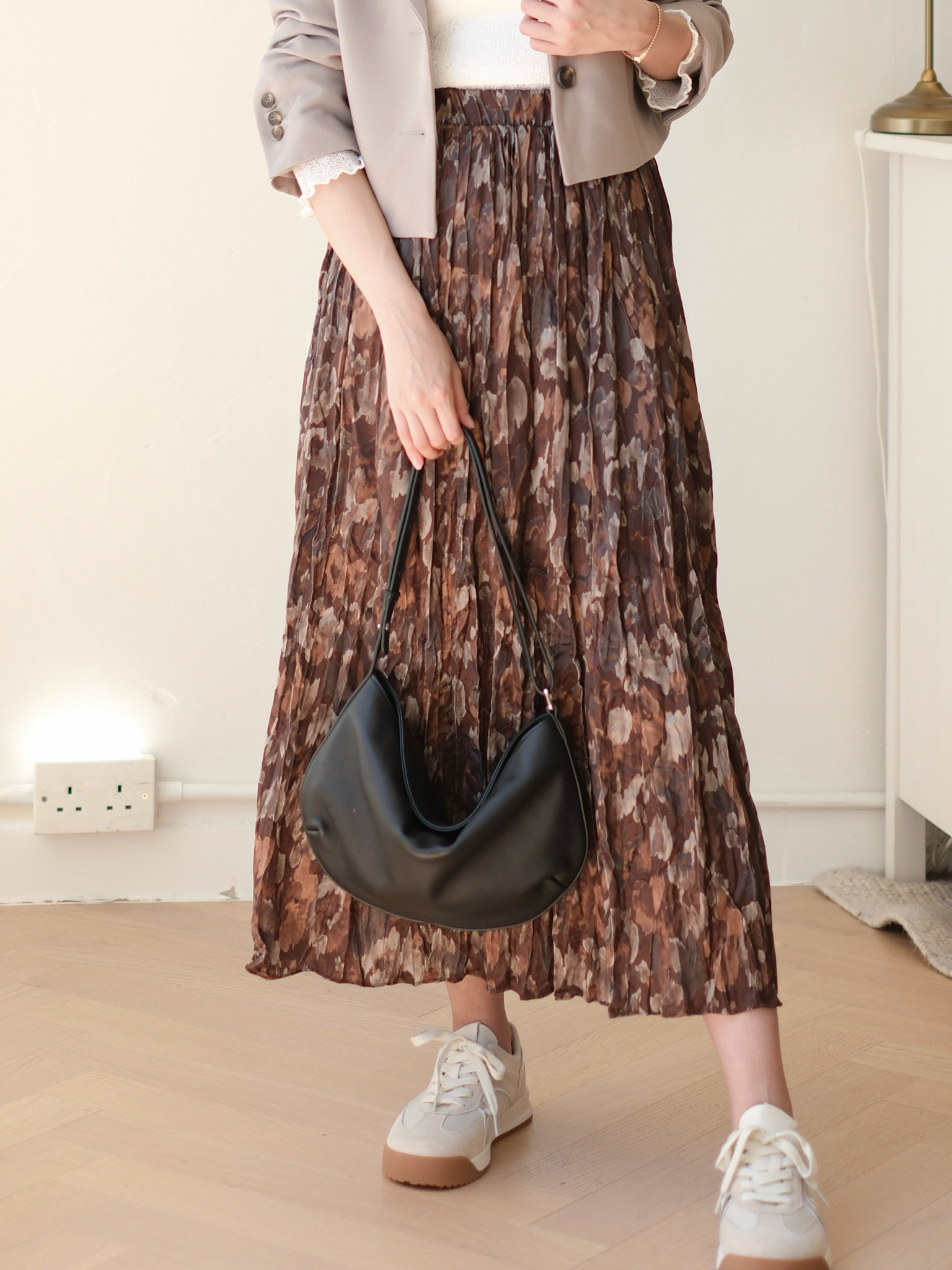 秋意印花絲滑皺皺半裙 (混杏/混棕/混黑) BT429