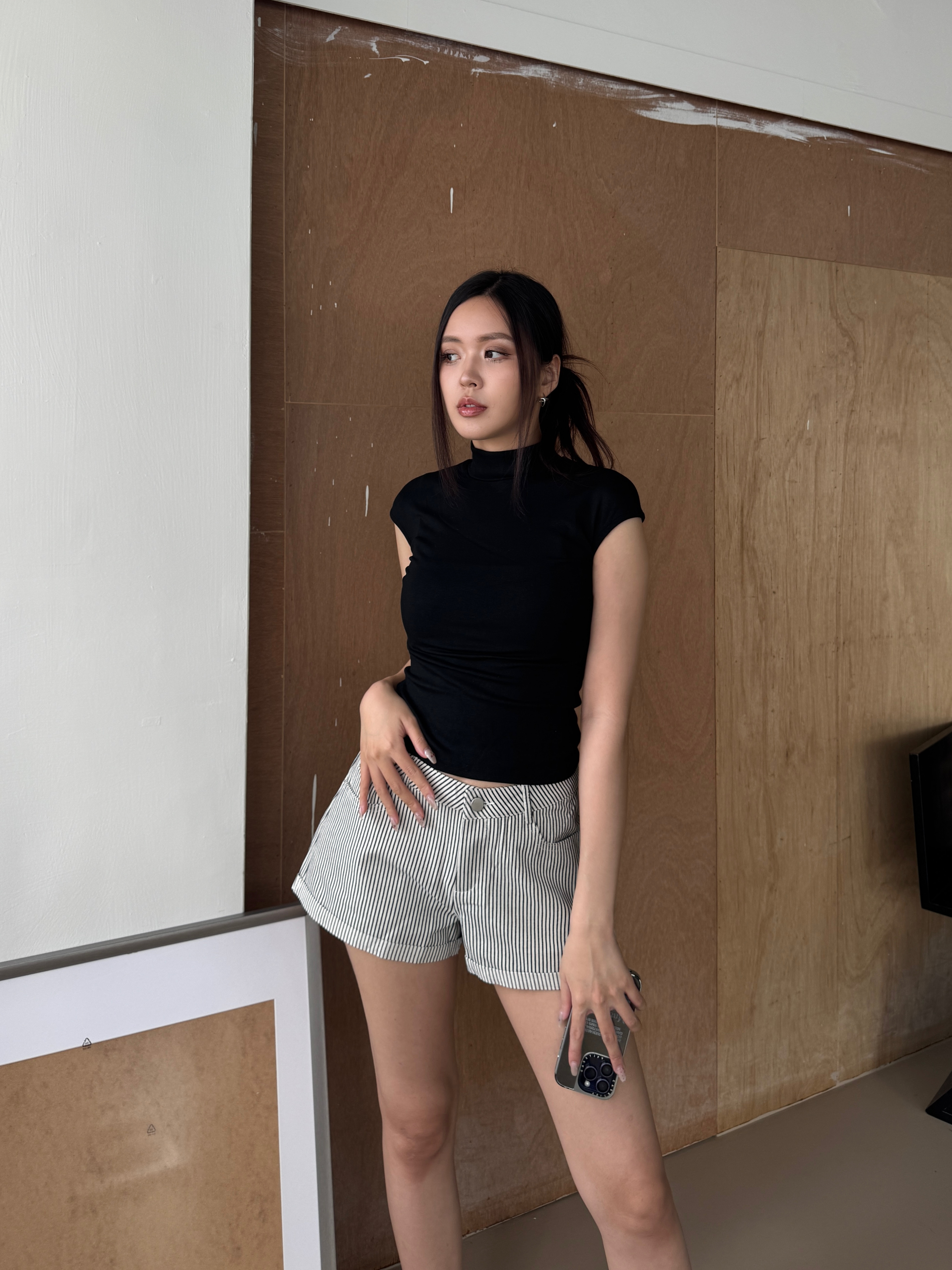 歐美高領小飛袖上衣(3色)