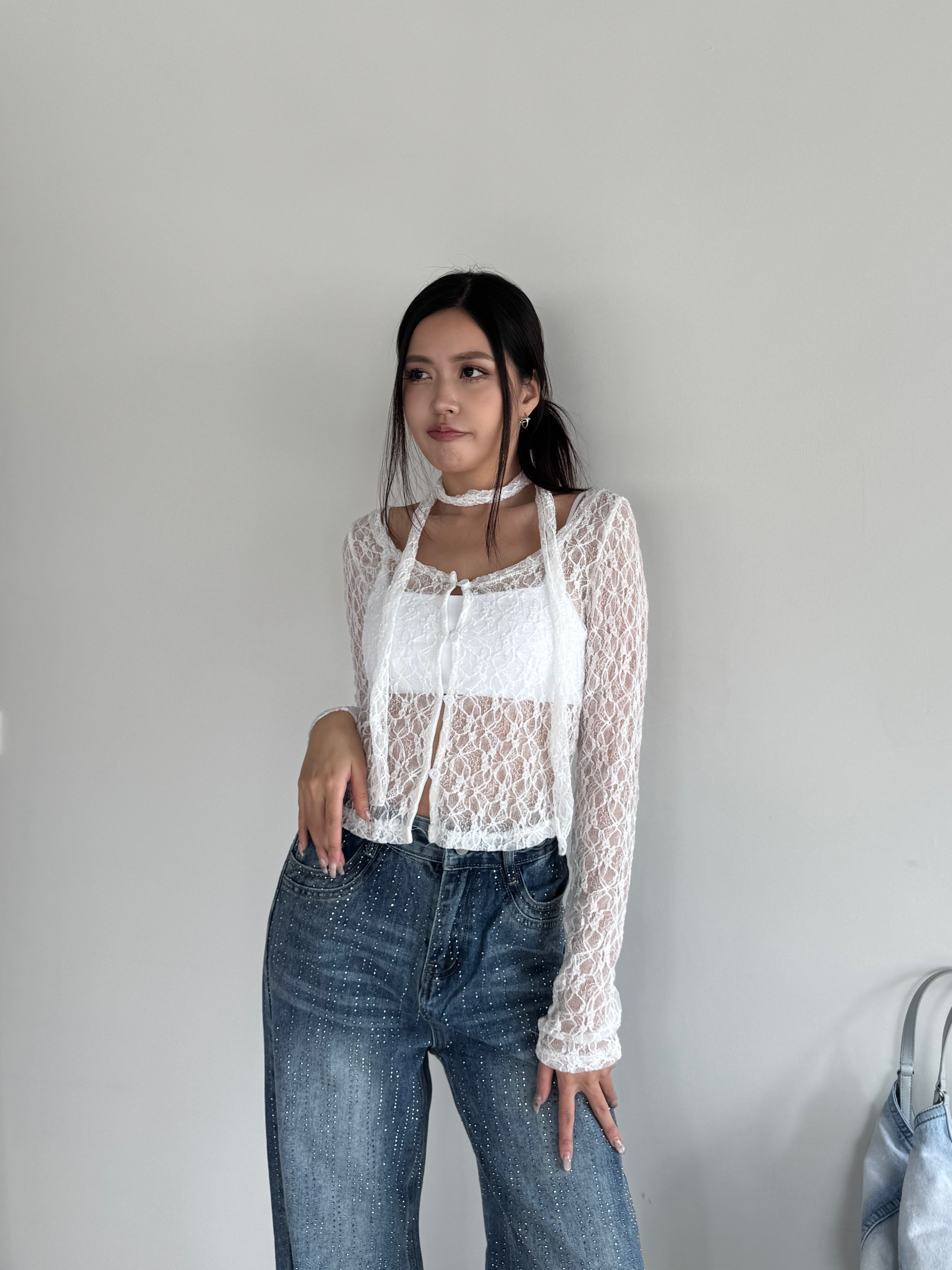 附脖帶🦢蕾絲排釦開衫上衣(2色)