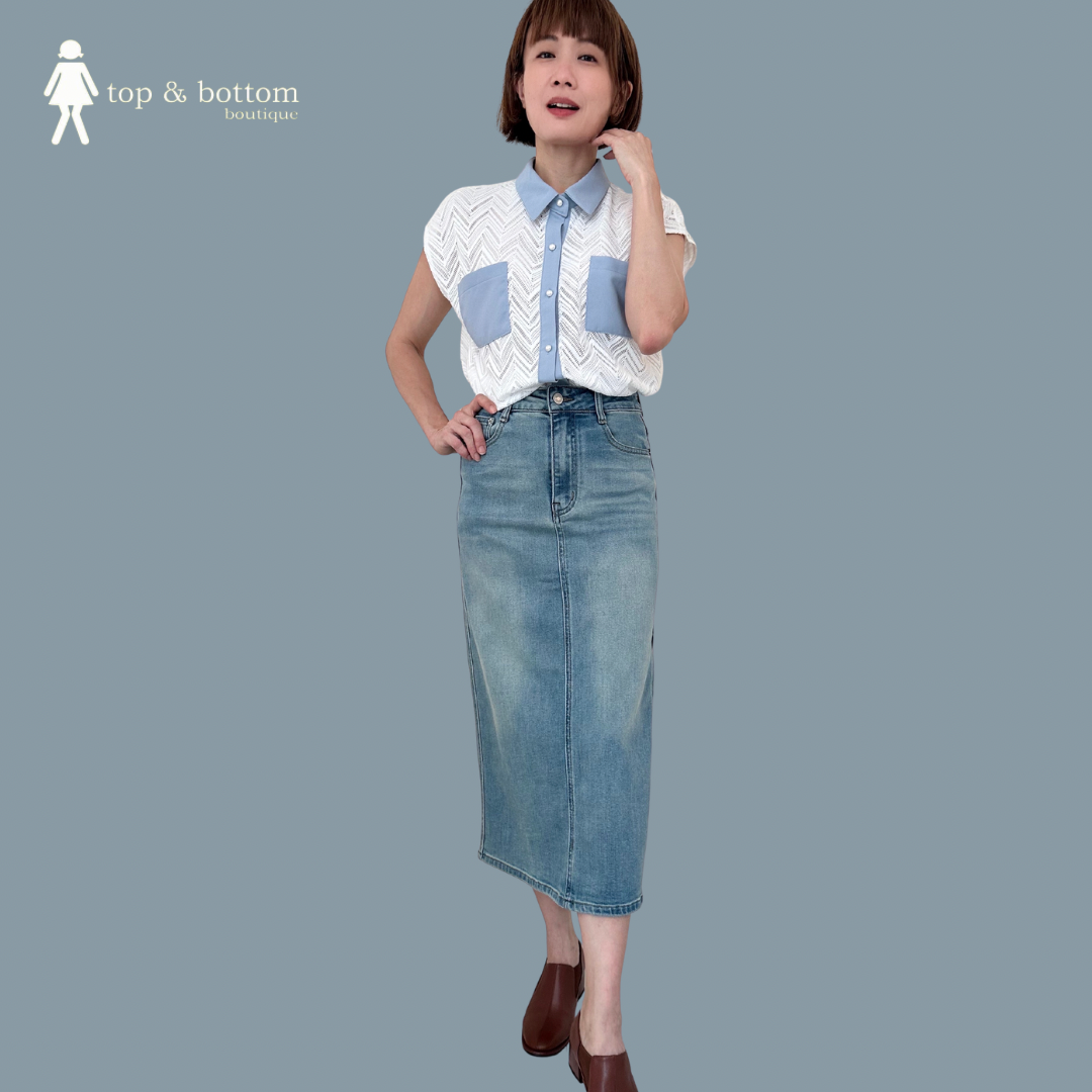 V SLEEVE NETTING BUTTON BLOUSE WITH POCKET