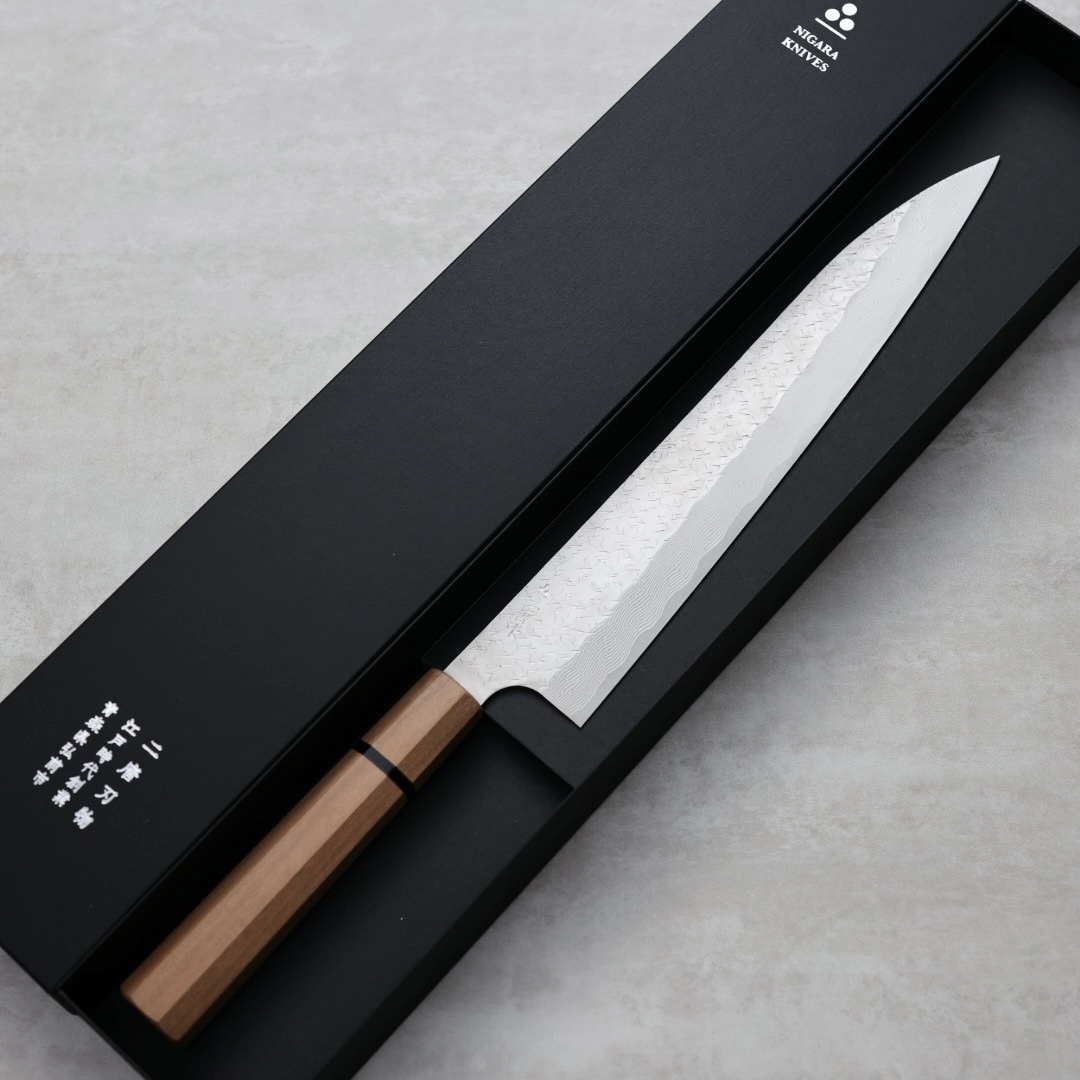 二唐刃物 筋引 270mm SG Strix粉末HSS鋼 鎚目大馬士革