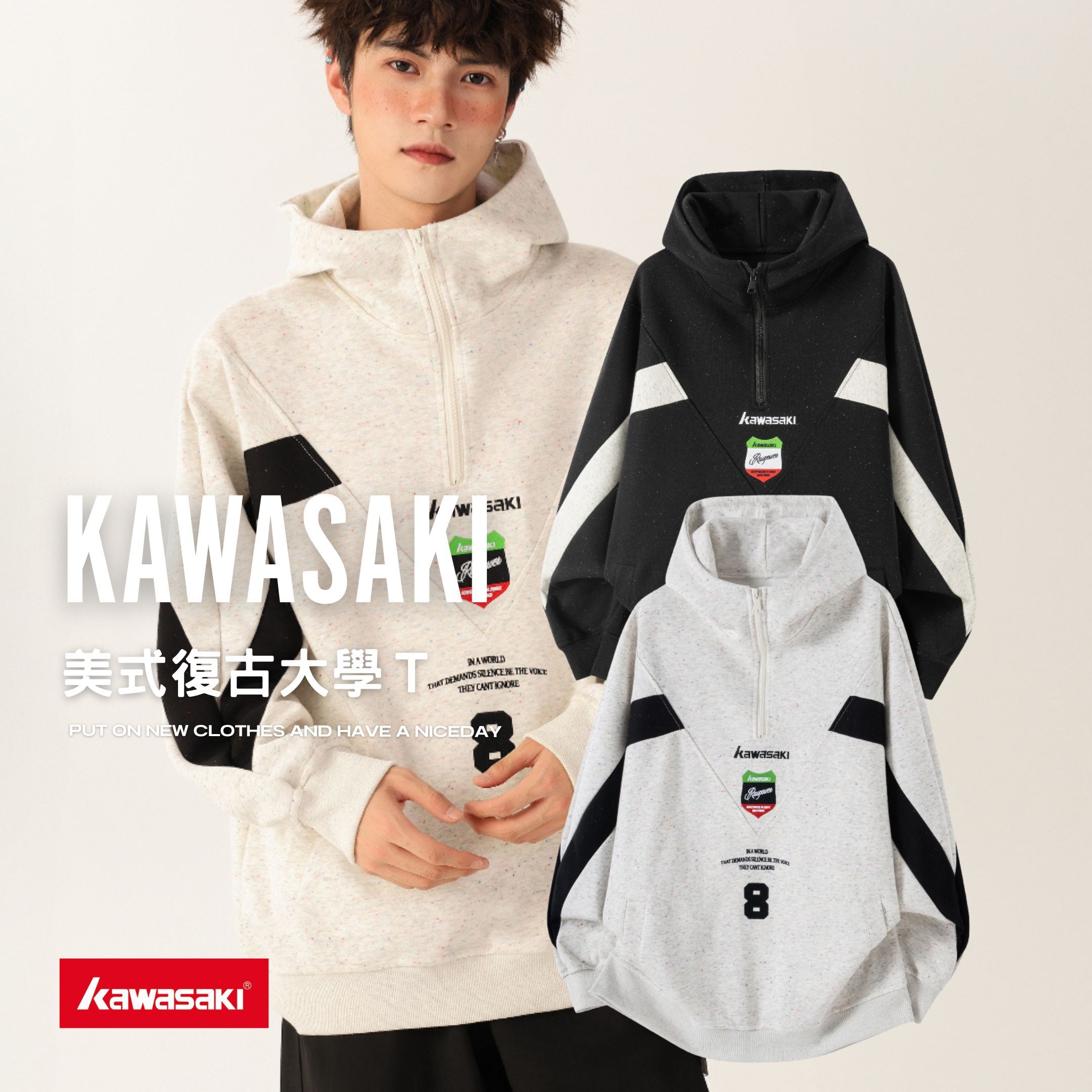 NICEDAY 代購 服飾 Kawasaki 川崎 美式 復古 大學T 長袖 上衣 機車 拼接 黑 白