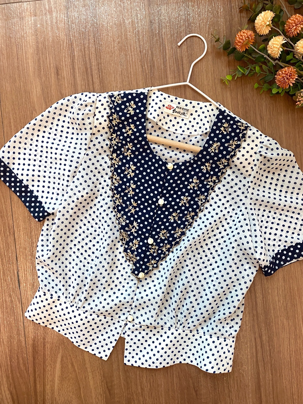 藍白水玉印花古著上衣