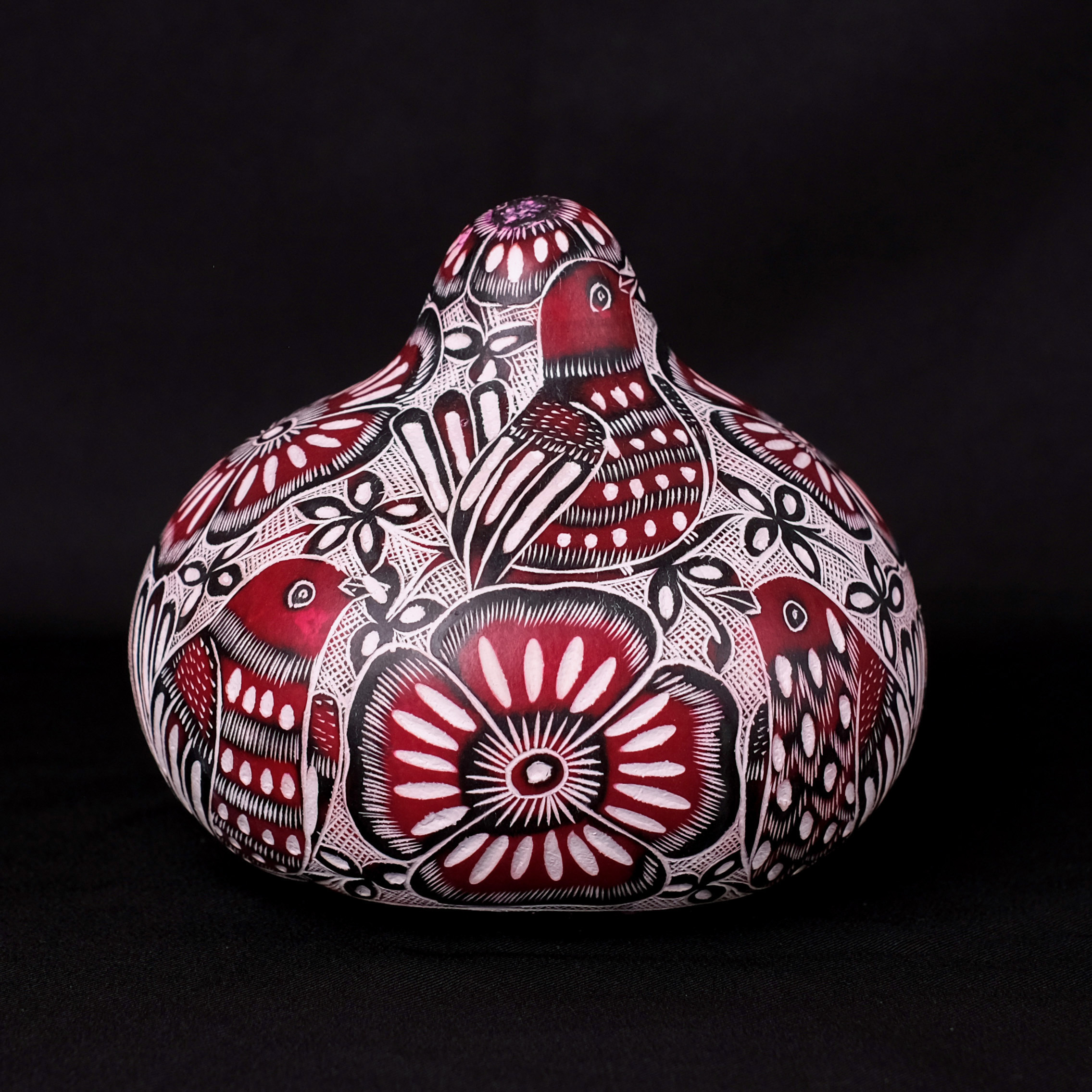 萬卡約葫蘆雕刻｜紅花與鳥 40｜秘魯