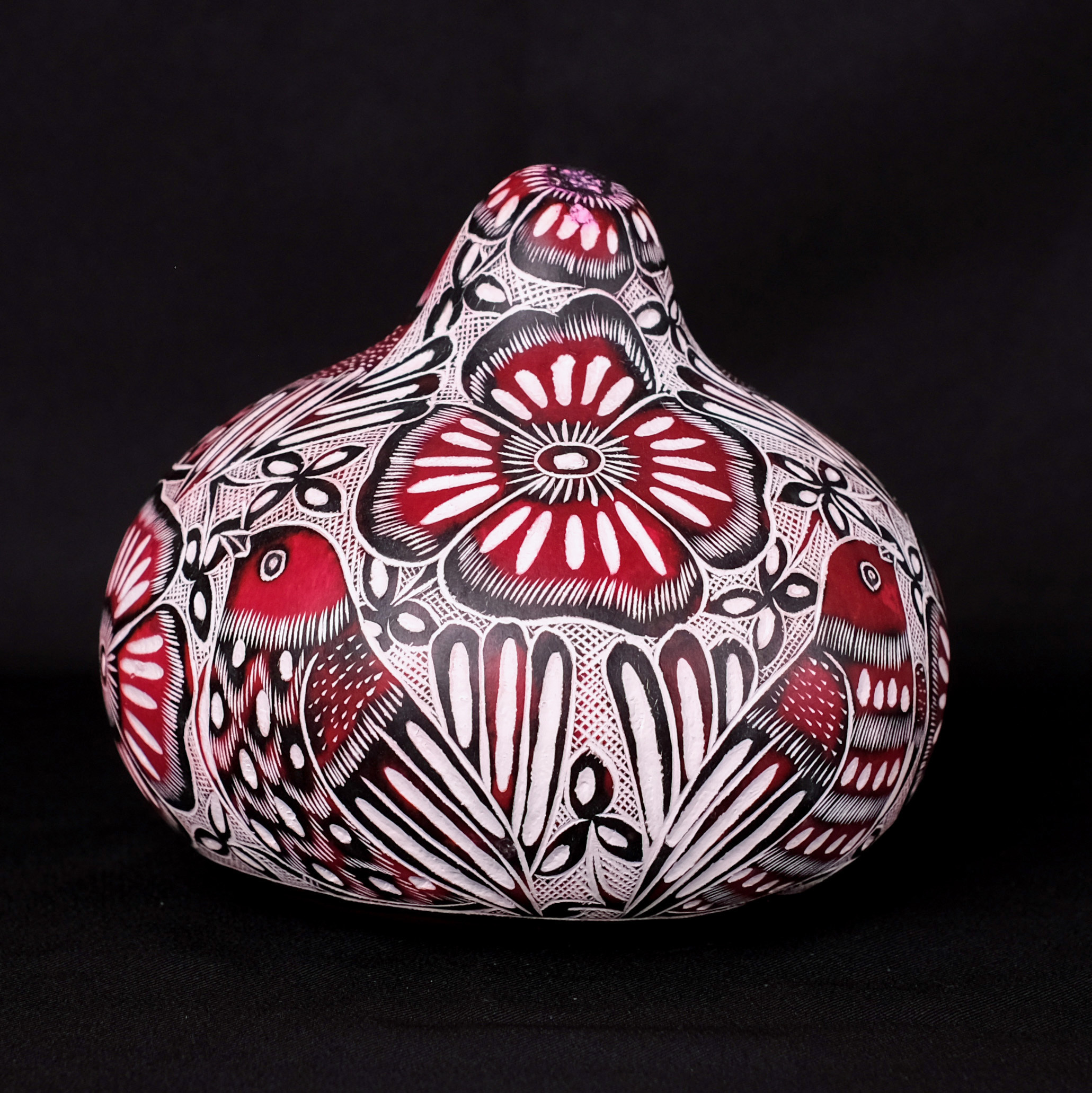 萬卡約葫蘆雕刻｜紅花與鳥 40｜秘魯