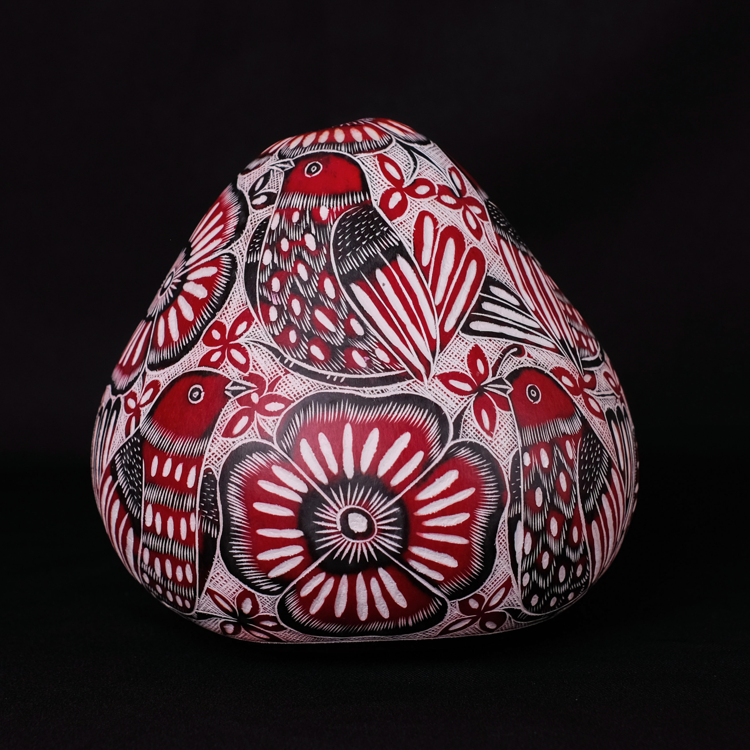 萬卡約葫蘆雕刻｜紅花與鳥 36｜秘魯