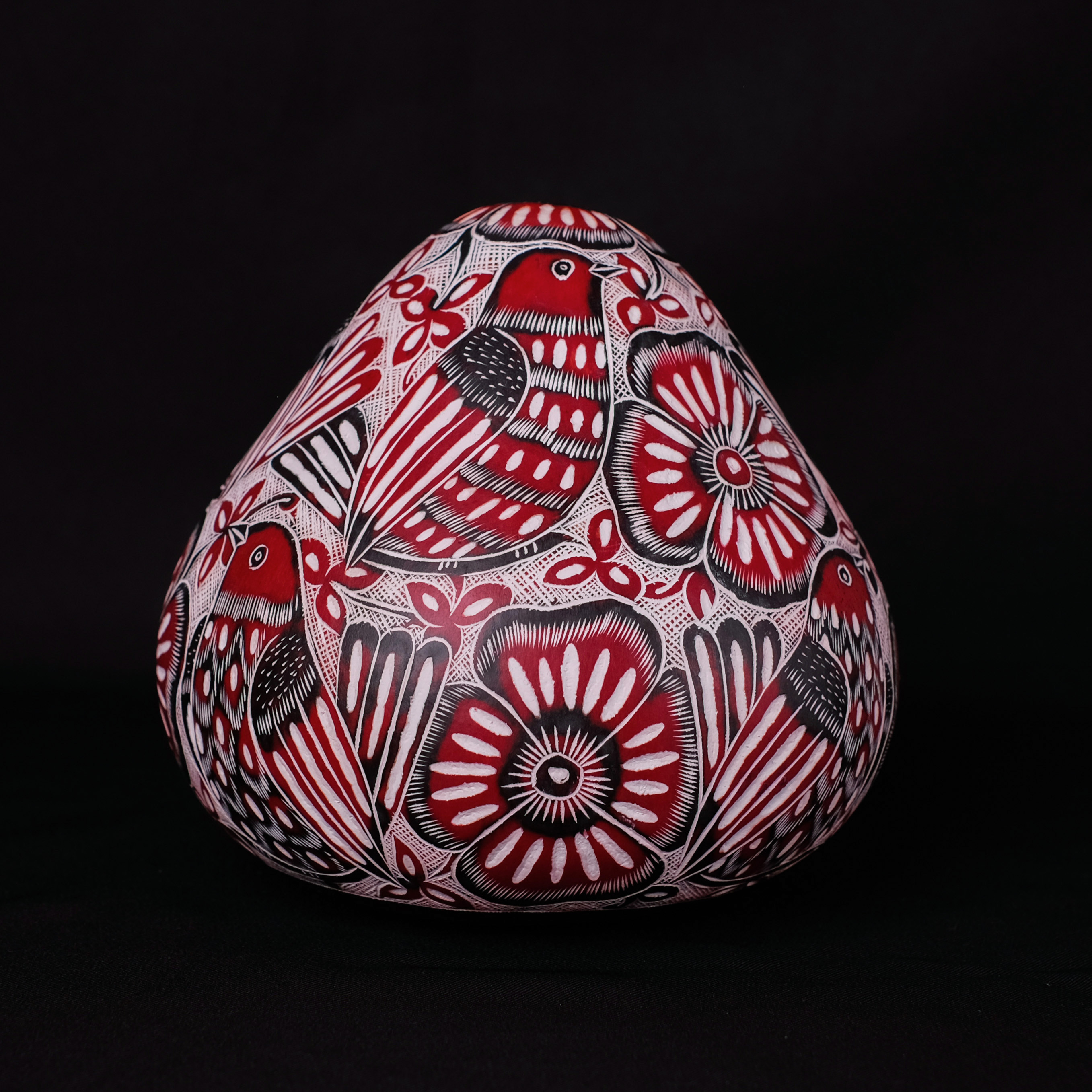 萬卡約葫蘆雕刻｜紅花與鳥 36｜秘魯