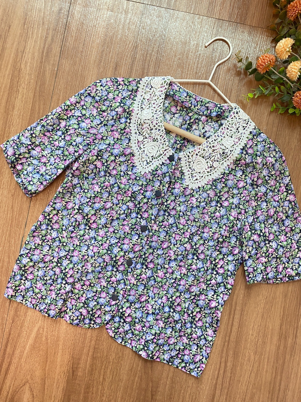 日本製深藍色碎花古著上衣