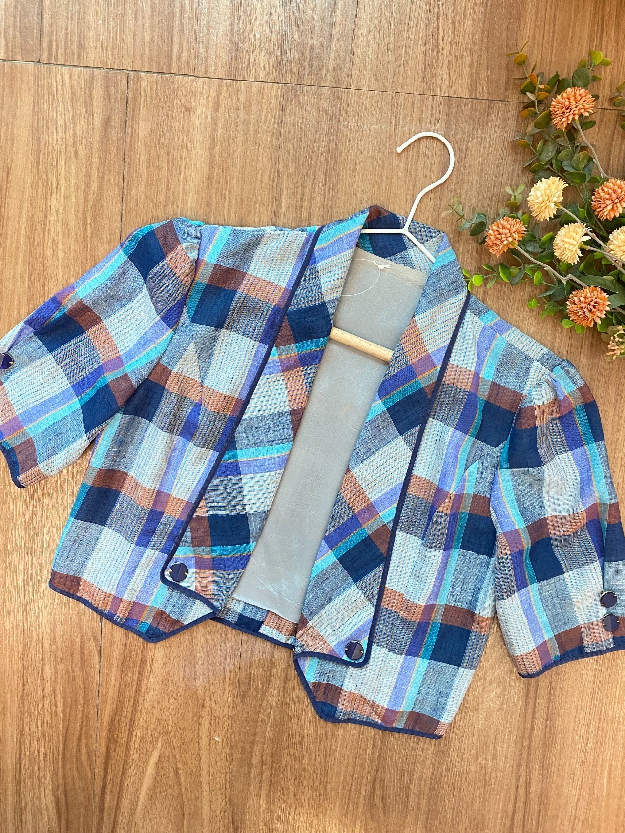 藍色格紋短版開襟外套