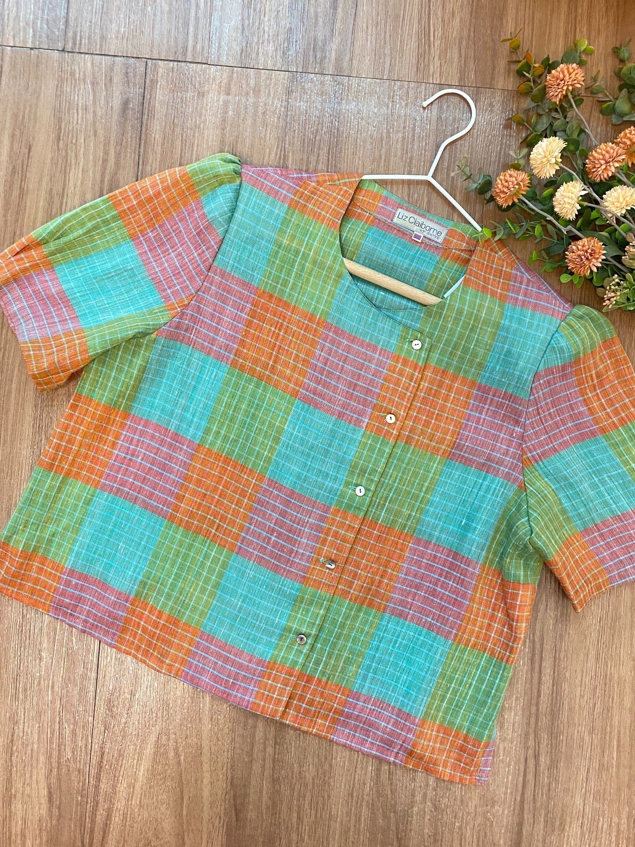 清新感橙綠格紋古著上衣