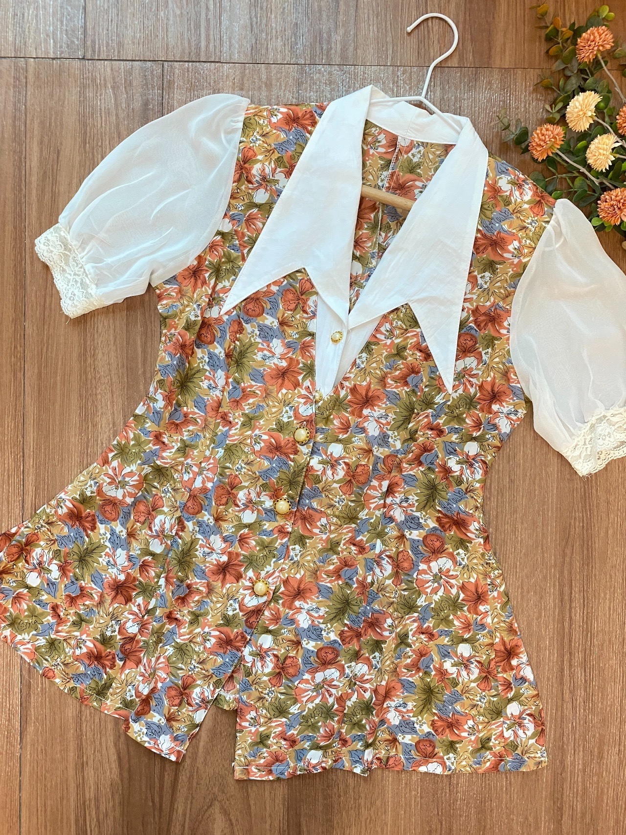 秋日感大花假兩件古著上衣