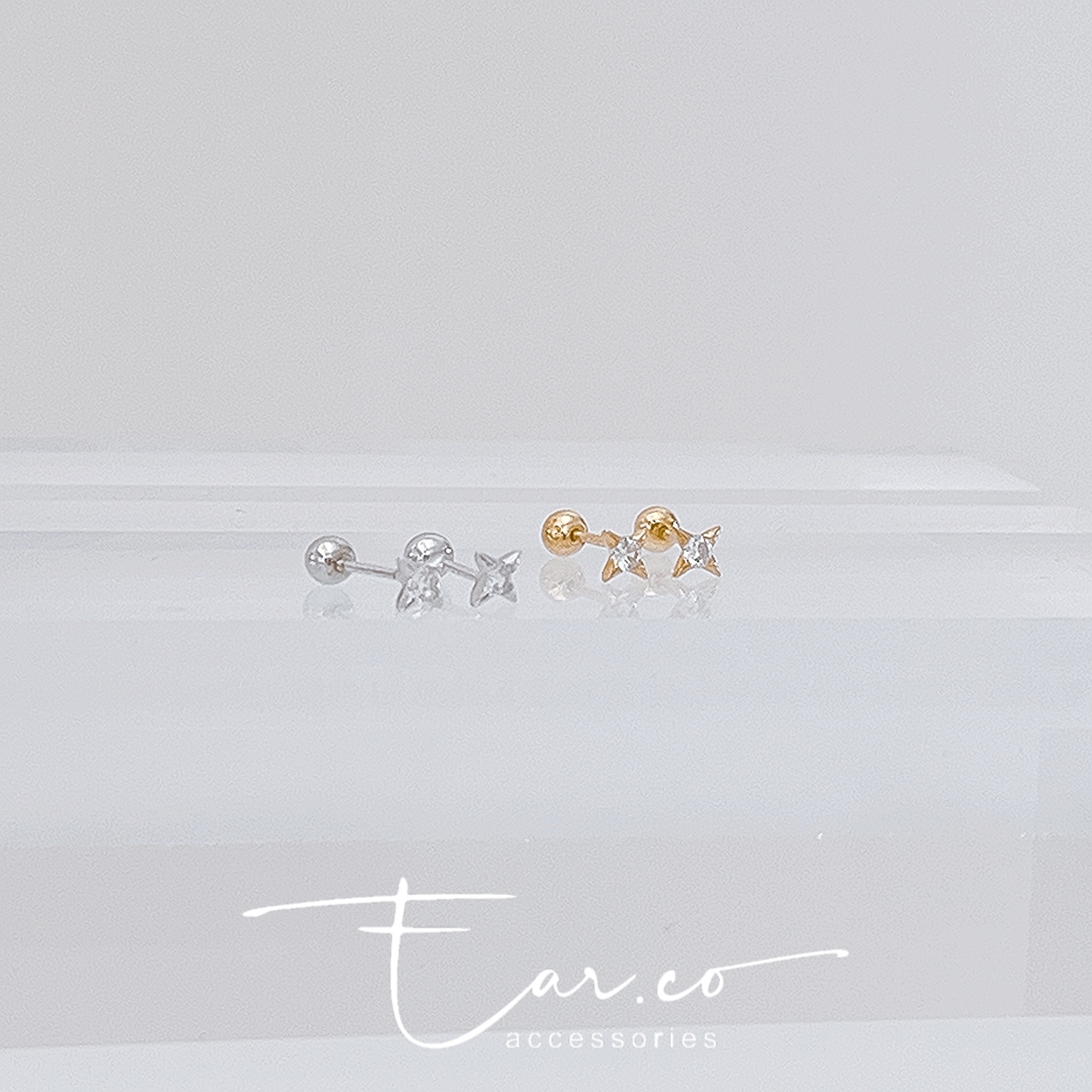 閃石四芒星純銀耳珠/耳骨釘 [一對] #A1118