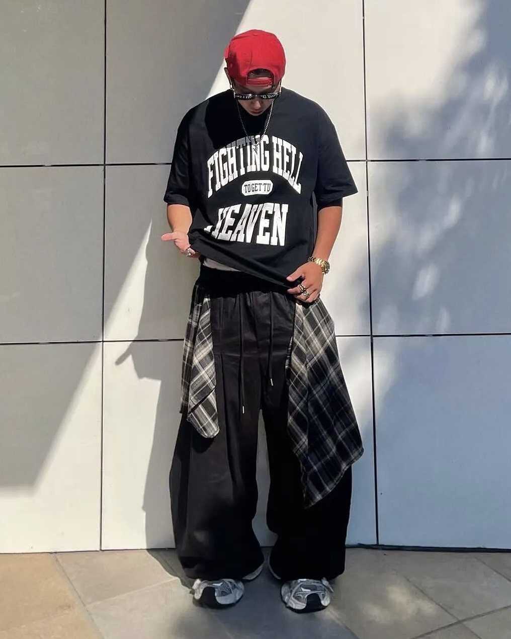 《K》格紋層次打摺寬褲