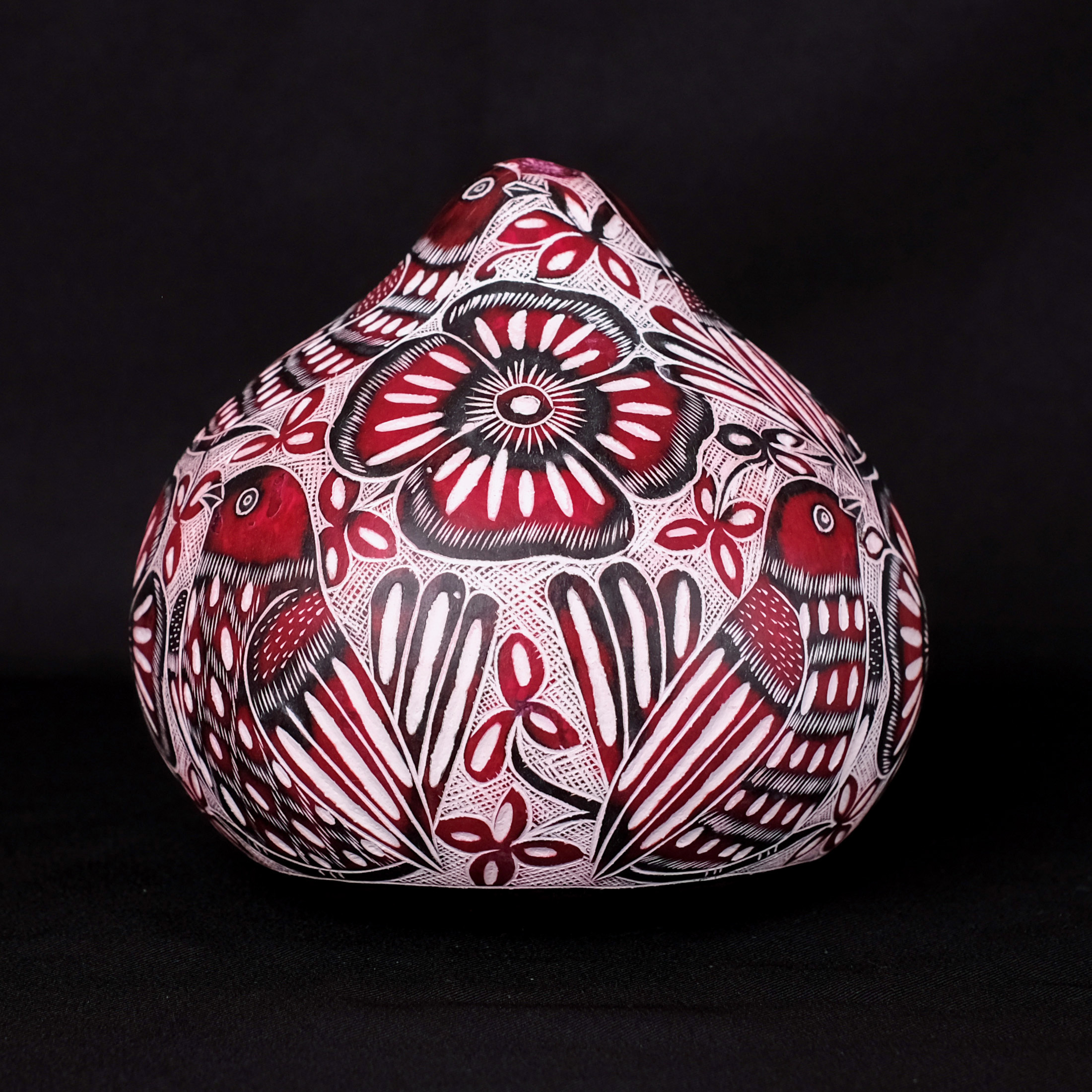 萬卡約葫蘆雕刻｜紅花與鳥 55｜秘魯