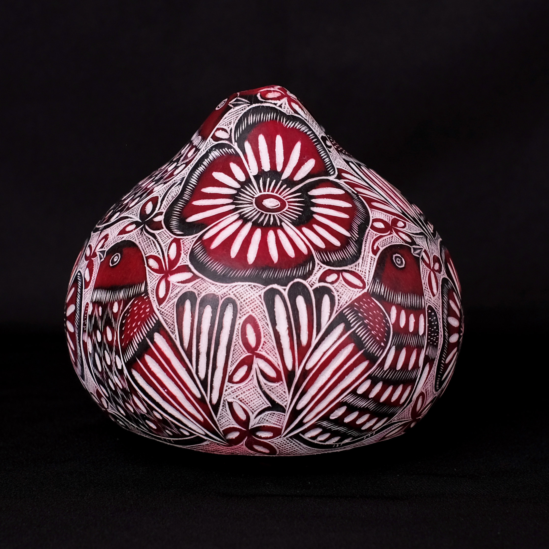 萬卡約葫蘆雕刻｜紅花與鳥 55｜秘魯