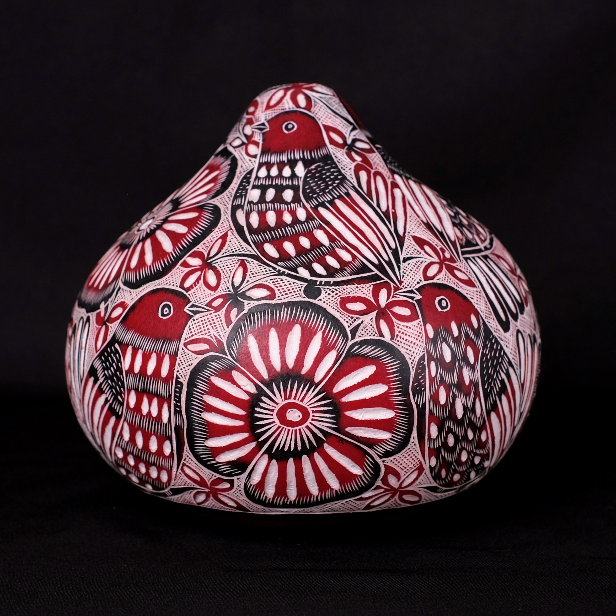 萬卡約葫蘆雕刻｜紅花與鳥 53｜秘魯