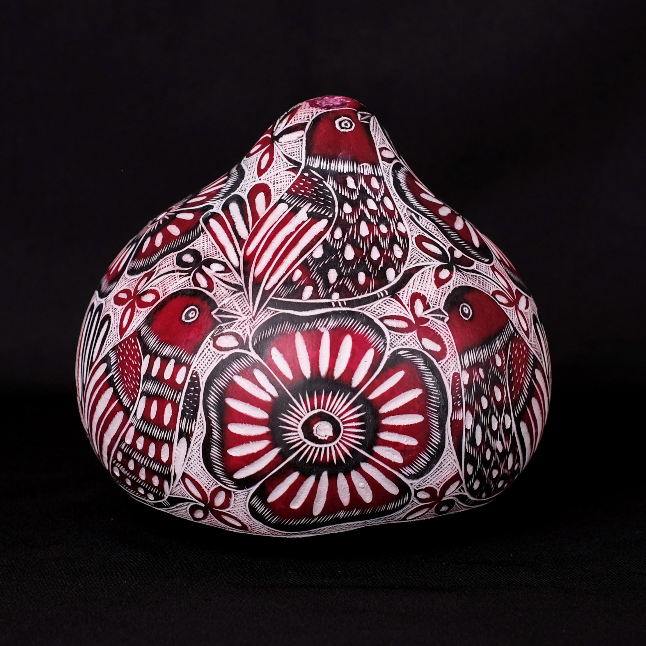 萬卡約葫蘆雕刻｜紅花與鳥 53｜秘魯