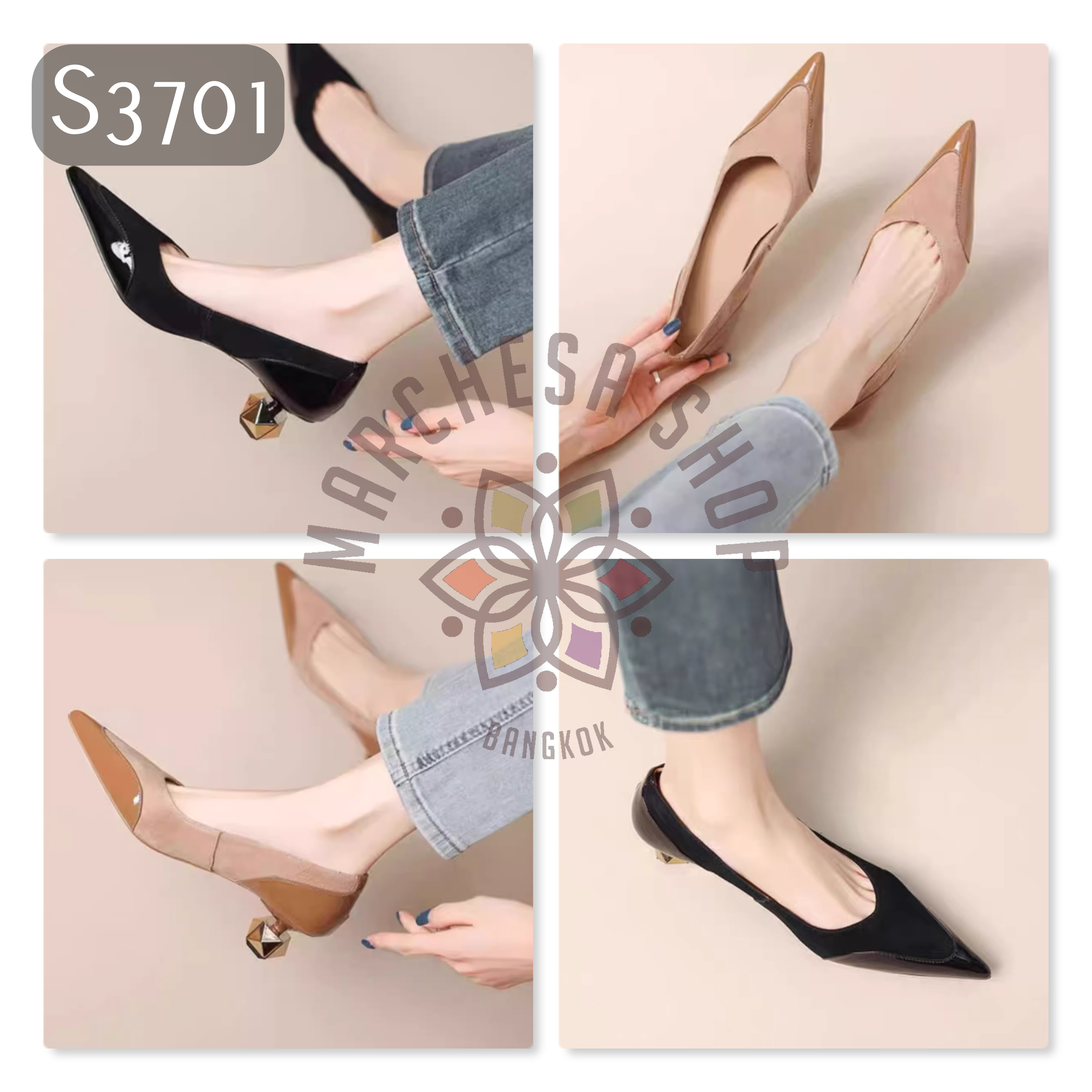 S3701 - 頭層羊猄拼漆皮拼接尖頭特色高踭鞋