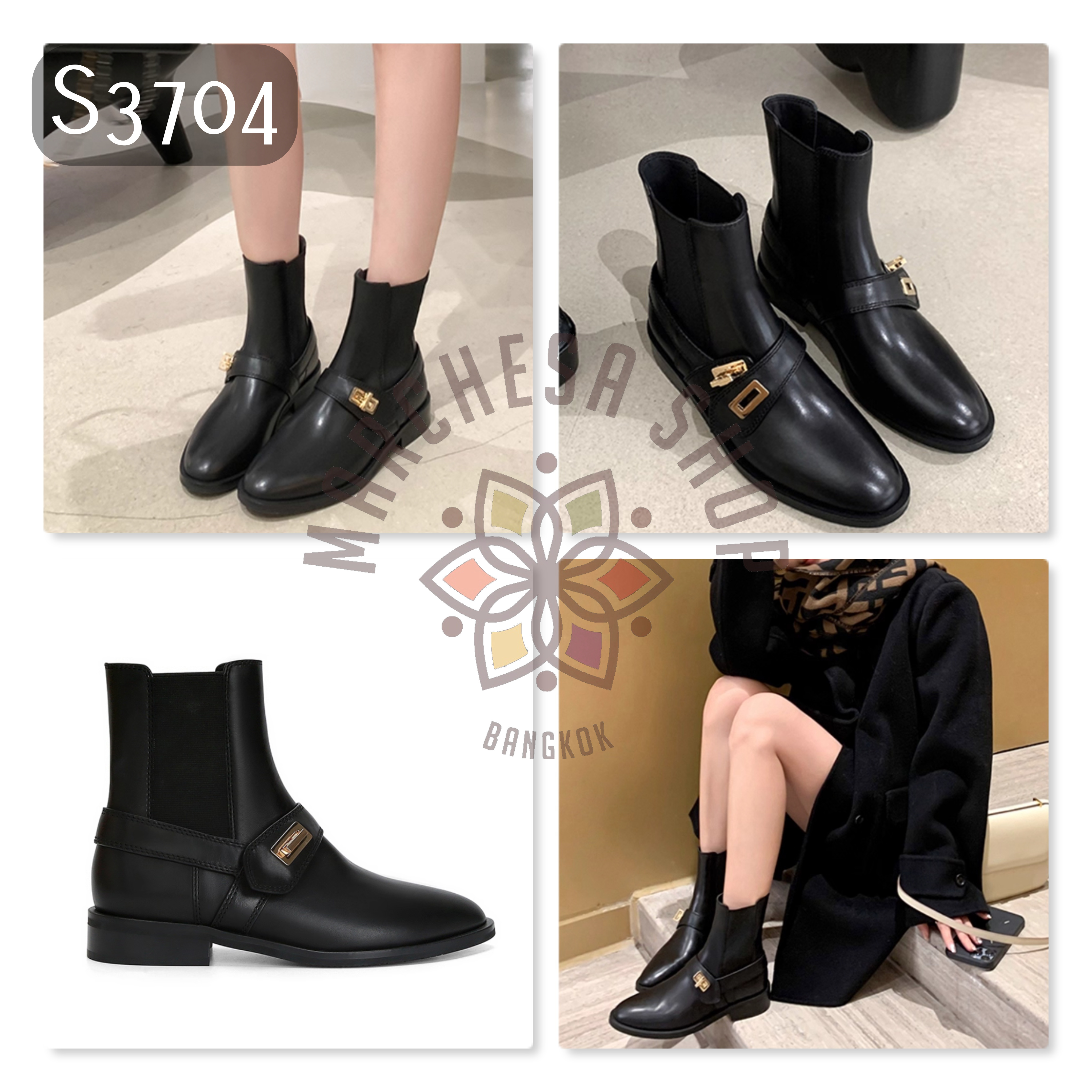 S3704 - 頭層羊皮簡約銅金扣帶圓頭短靴