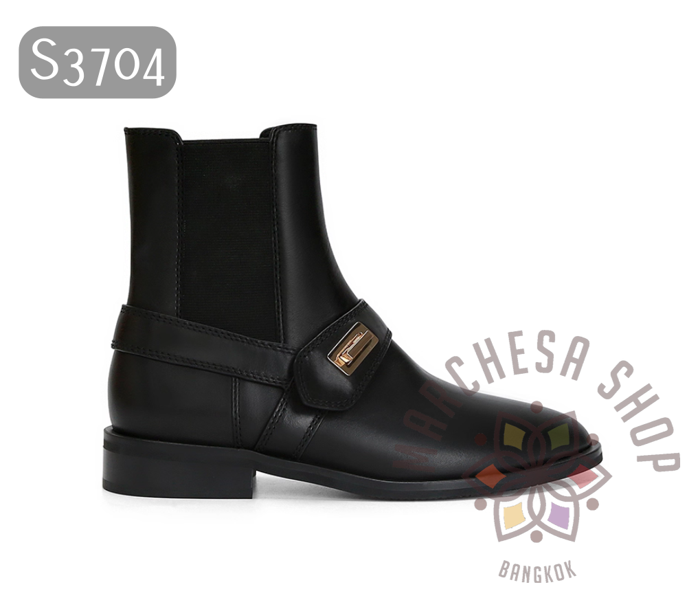 S3704 - 頭層羊皮簡約銅金扣帶圓頭短靴