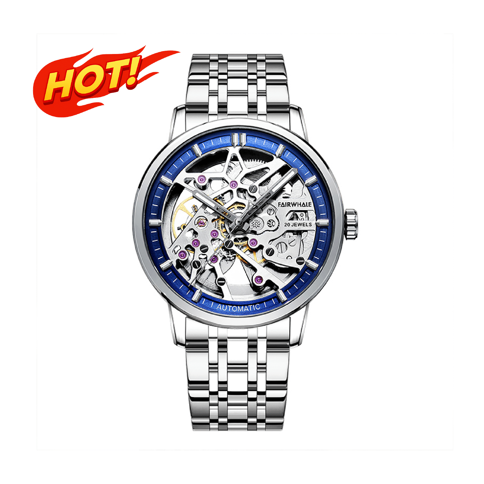 【Mark Fairwhale 馬克菲爾】FW-6040-S 鏤空 美學設計 夜光 不鏽鋼錶帶 機械 手錶