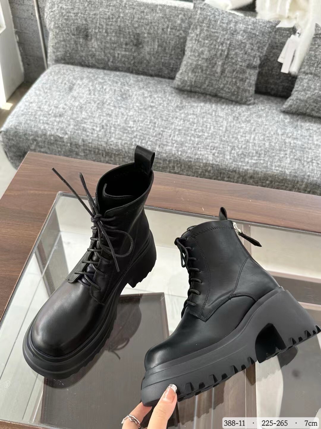 388-11韓國純色綁帶厚底鬆糕短靴