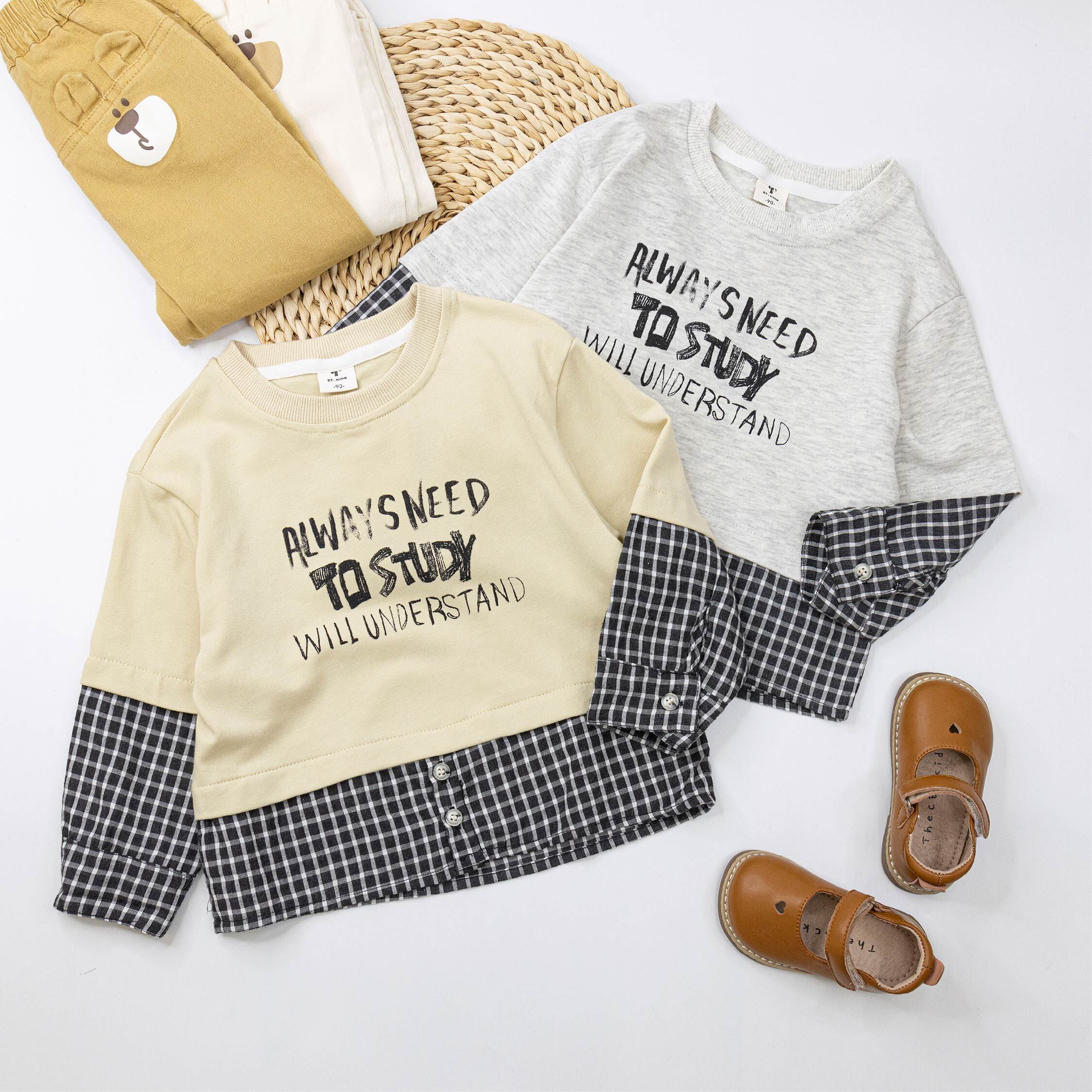 【H55375】街頭英字塗鴉假兩件上衣＊二色