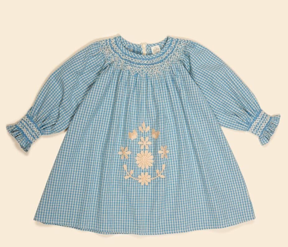 Apolina 甜美縮口刺繡洋裝Cece Smock Dress - Tablecheck Marine