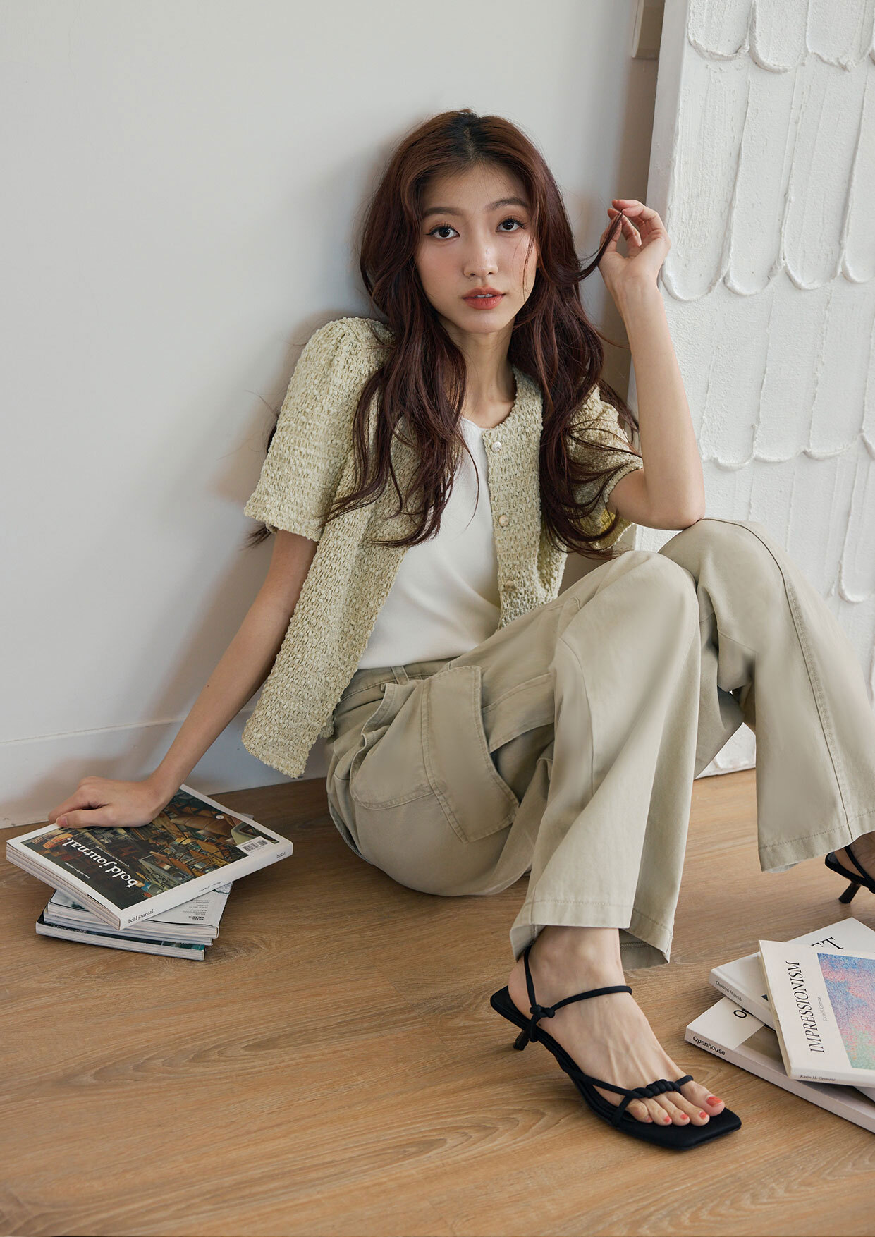 腰抓褶柔軟針織上衣