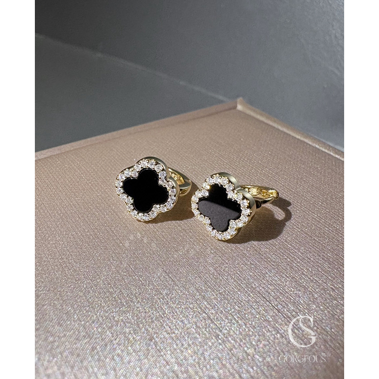 R31 現貨「四葉草莫桑邊鑽圈圈耳環(925銀針)」