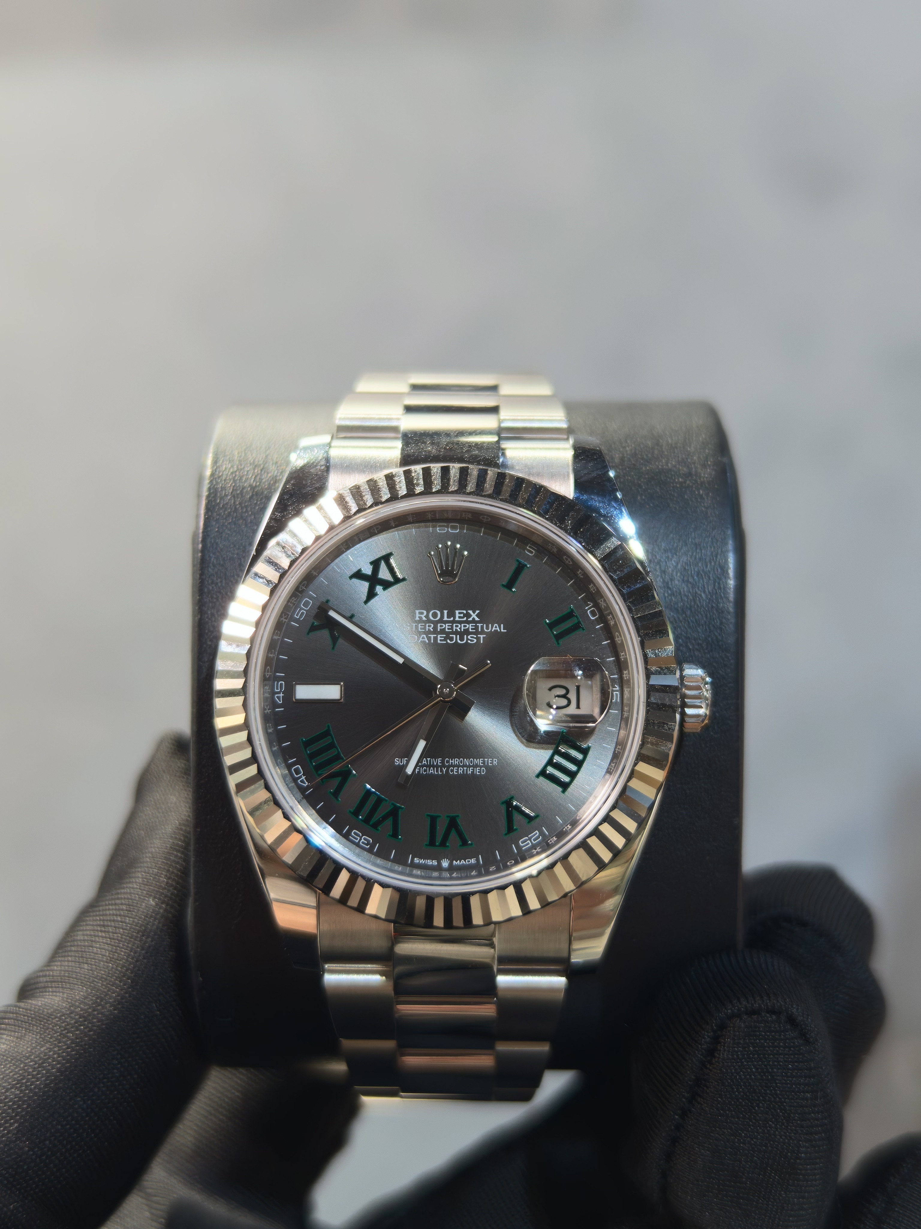 BRAND NEW ROLEX 126334 GREY DIAL DATEJUST GREEN ROMAN INDEX 41mm OYSTER STRAP STAINLESS STEEL