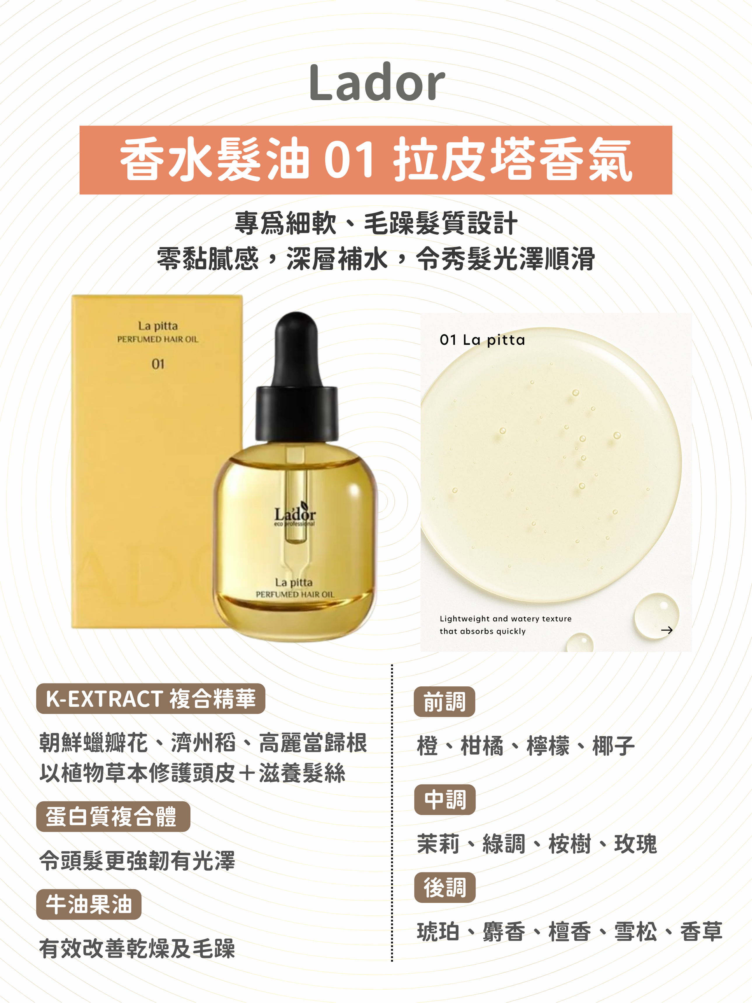 Lador - 香水髮油 - 01 拉皮塔香氣